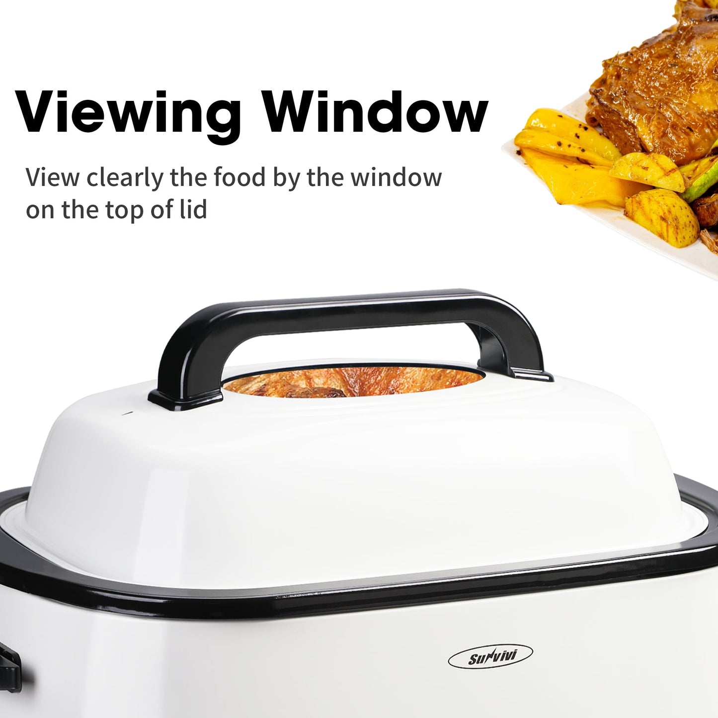 RoyalCraft 22 Quart Electric Roaster Oven with Visible & Self-Basting Lid, Stainless Steel, White