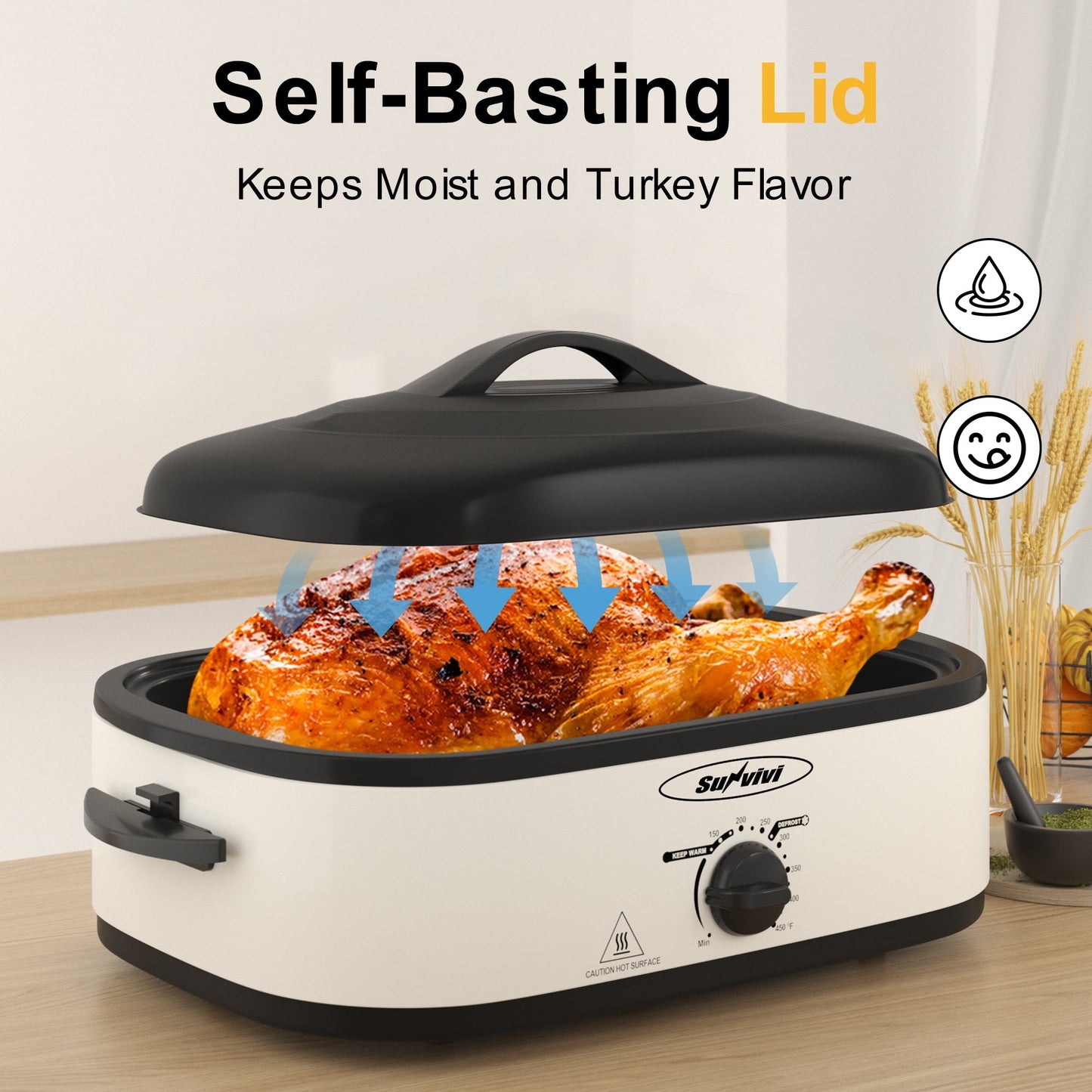 Sunvivi Roaster Oven with Self-Basting Lid, 14qt Electric Roaster with Removable Pan & Rack, Turkey Roaster Oven with Defrost & Warm Function, Stainless Steel, White