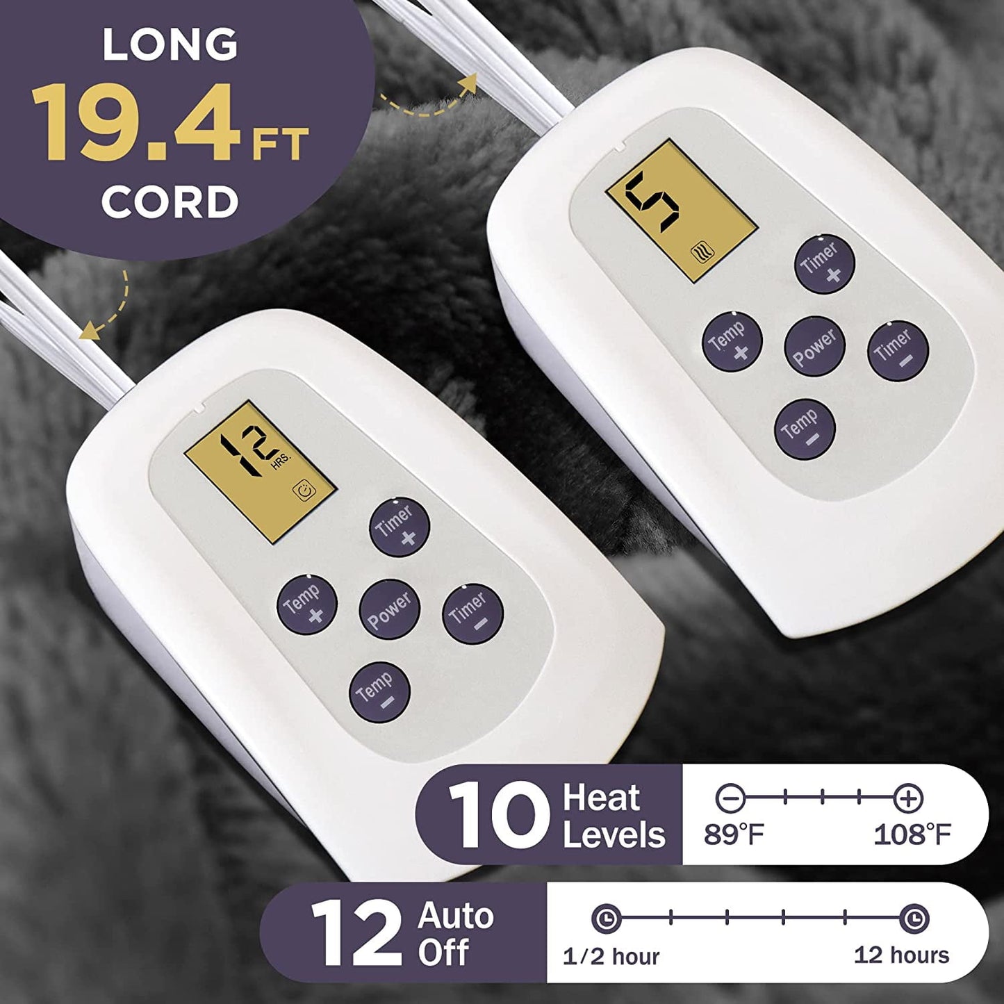 Royalcraft Electric Blanket King Size 90"x100" Flannel Heated Throw Blanket, Dual Controls Setting Electric Blanket, 10 Heating Levels, 12H Auto-off, 5 Years Warranty, Machine Washable