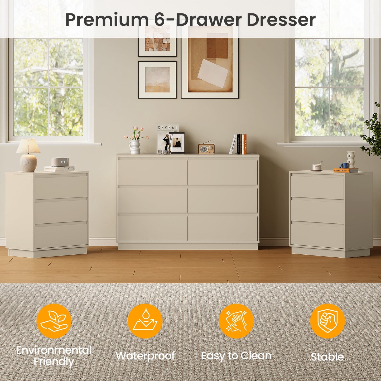 Heynemo Dresser with 6 Drawers for Bedroom, Chest of Drawer with Charging Station for Living Room, Beige