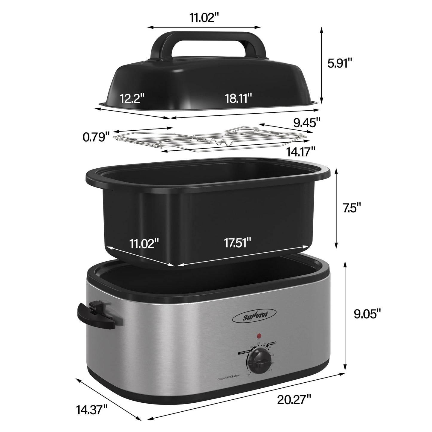 Sunvivi 24 Quart Electric Turkey Roaster Oven with Visible Glass Lid,Removable Pan & Rack, Stainless Steel,Silver
