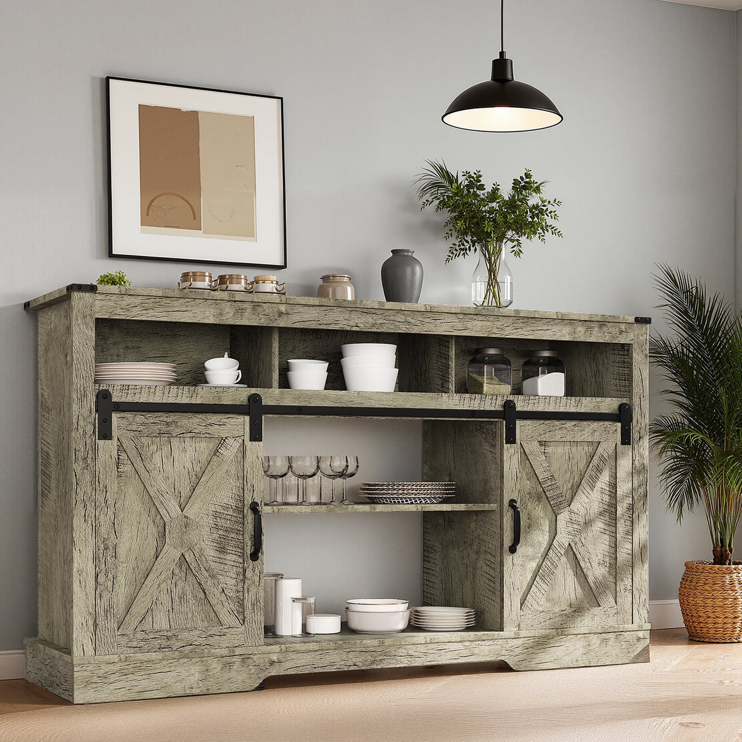 May in Color TV Stand Farmhouse 34 Inch Tall for 65 Inch TV with Sliding Bar Door, Light Grey