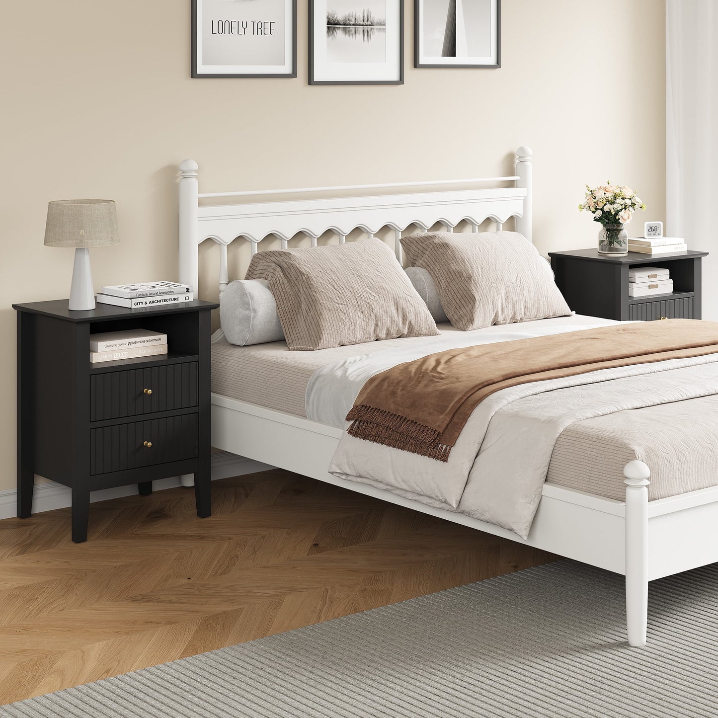 May in Color Fluted Nightstand with 2 Drawers and Storage Shelf, Set of 2, Ideal for Bedroom, Living Room, Black