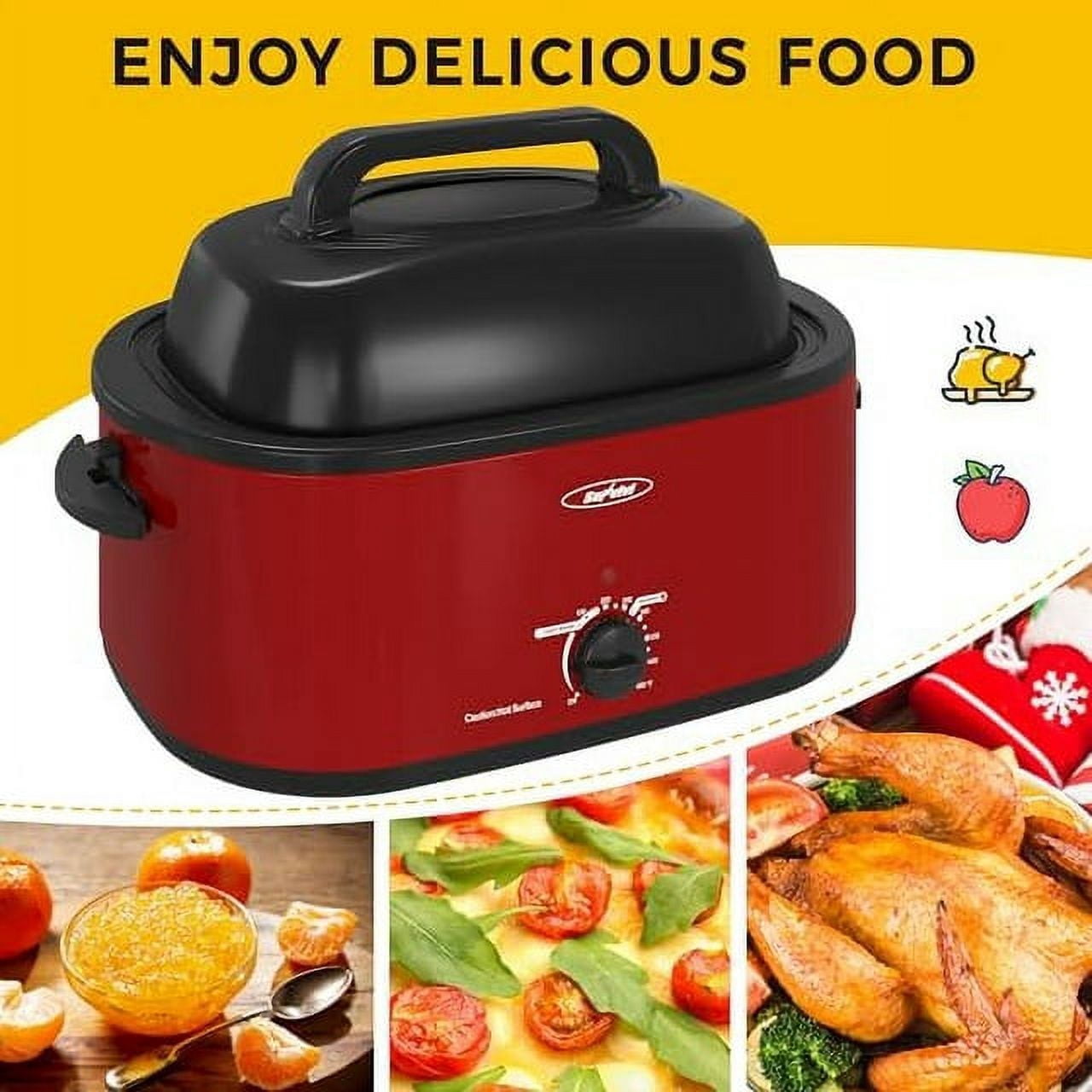 Sunvivi 26QT Electric Turkey Roaster Oven with Visible Glass Lid,Removable Pan & Rack, Stainless Steel,Red