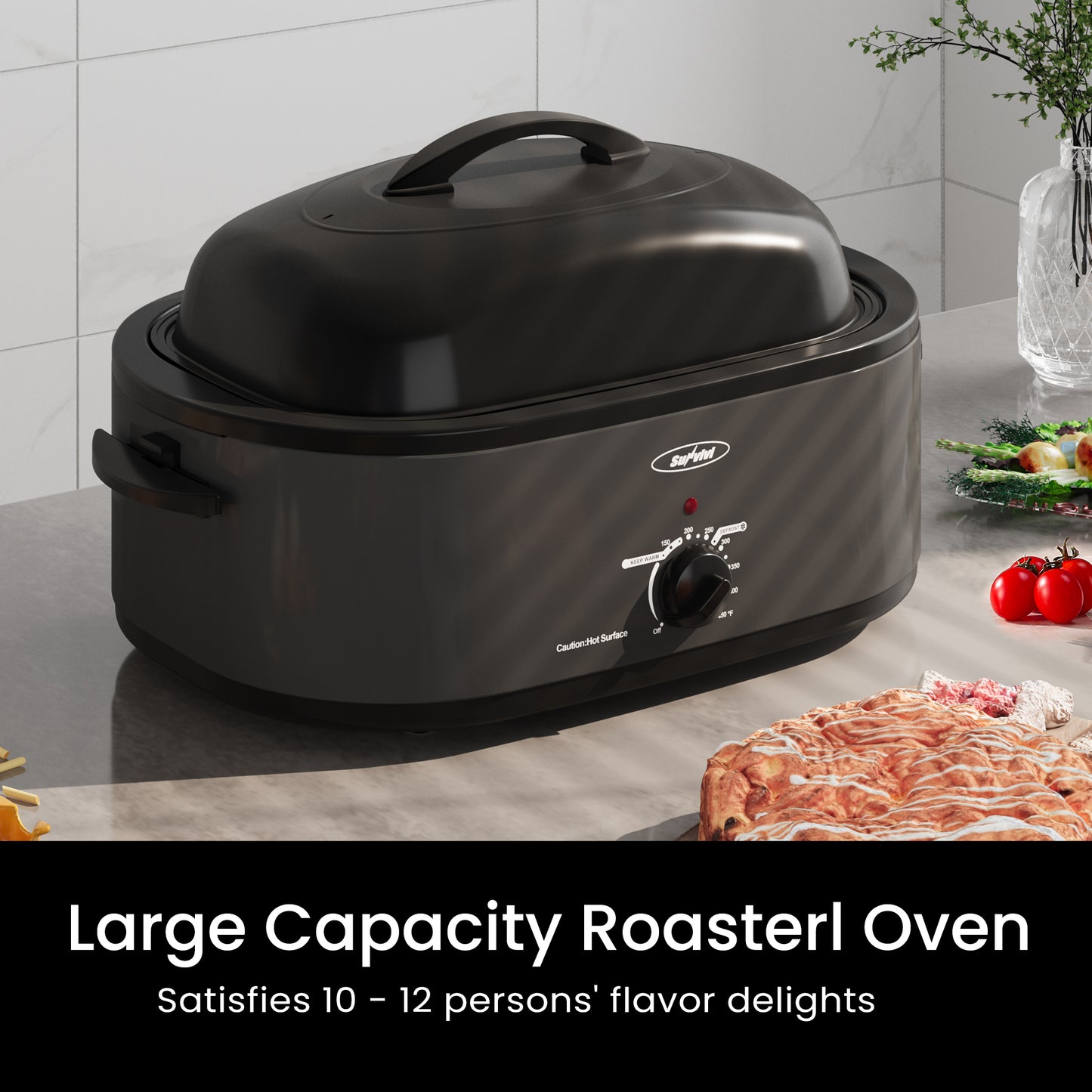 Sunvivi Roaster Oven with Self-Basting Lid, 18qt Electric Roaster with Removable Pan & Rack, Turkey Roaster Oven with Defrost & Warm Function, Stainless Steel, Grey