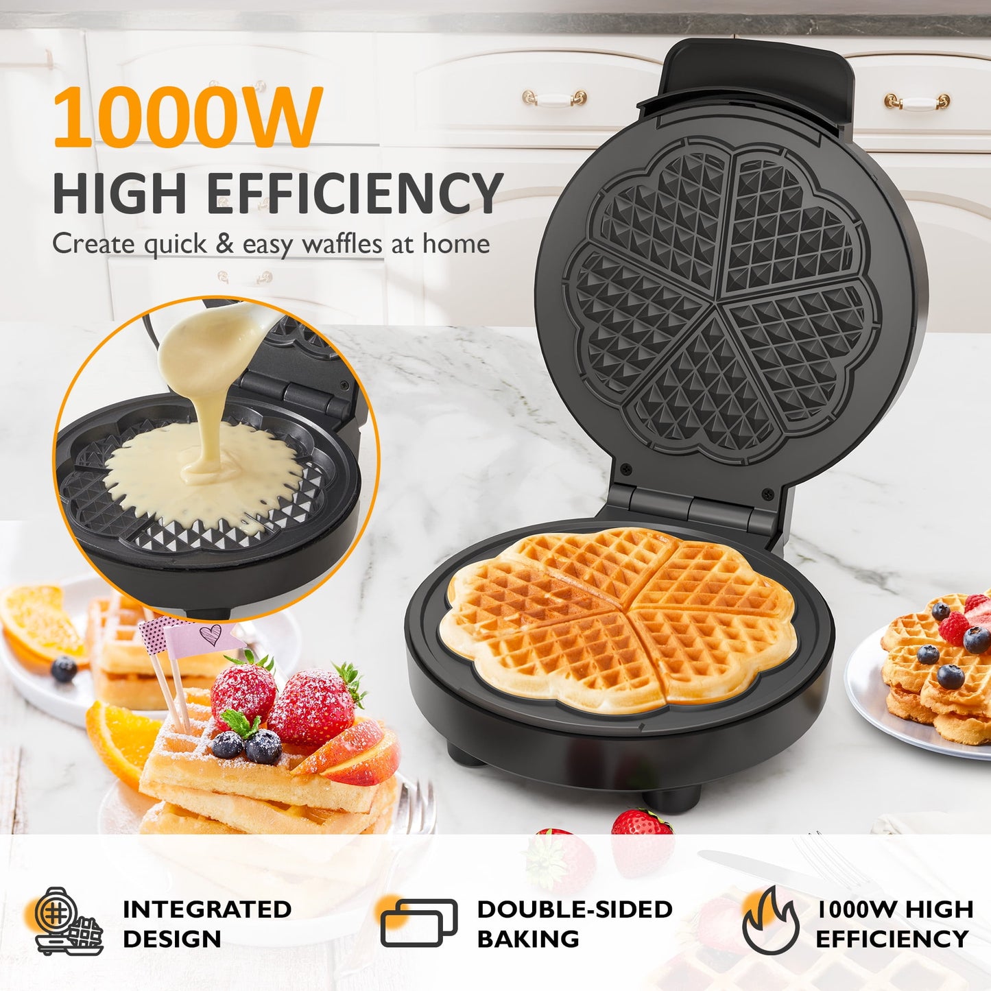 Sunvivi 5 Heart-Shaped Waffle Maker with Adjustable Temp