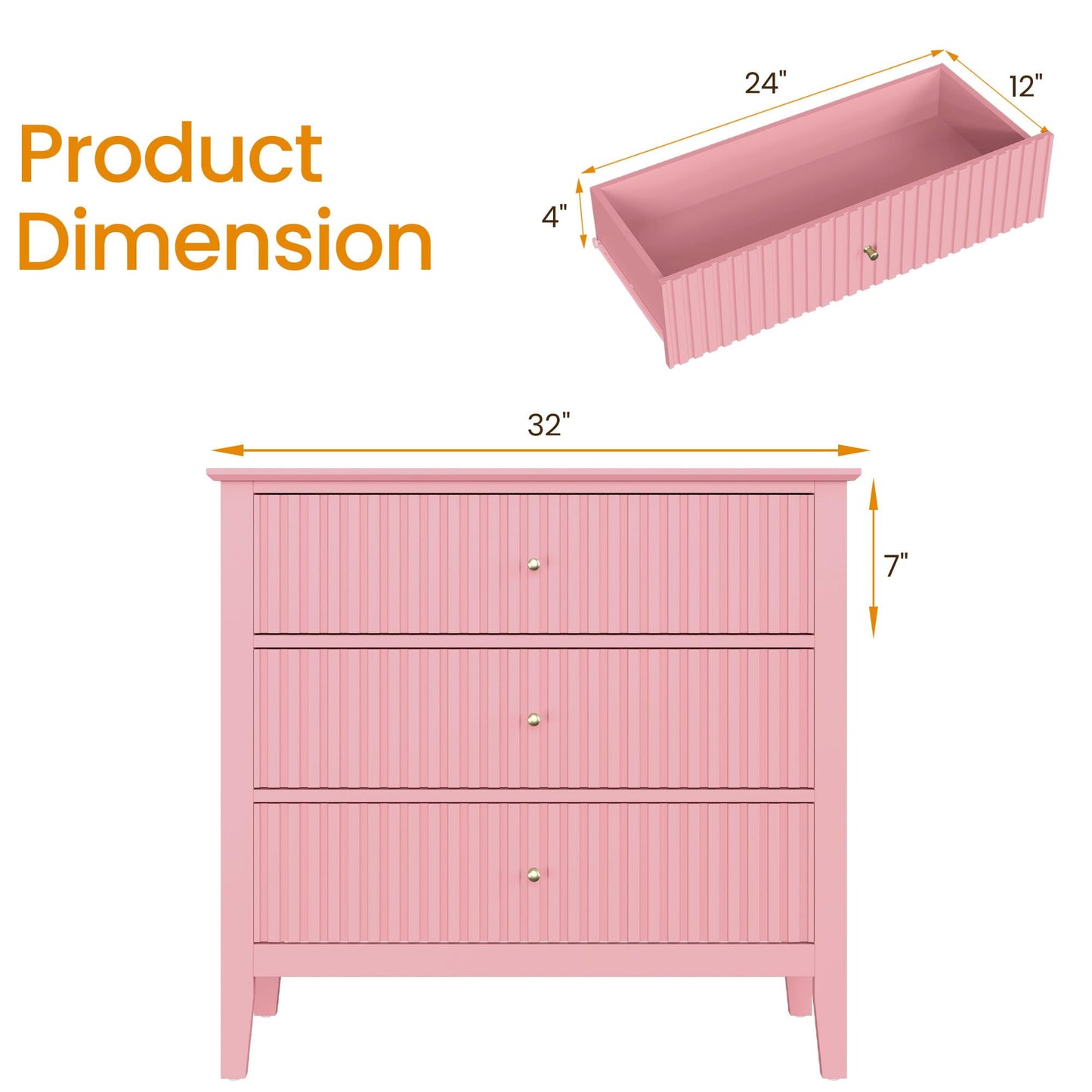 Heynemo Pink 30" Dressers Set of 2, Modern 3-Drawer Wood Nightstands with Ball Bearing Slides, Wide Storage Chests for Bedroom, Living Room, Entryway or Office