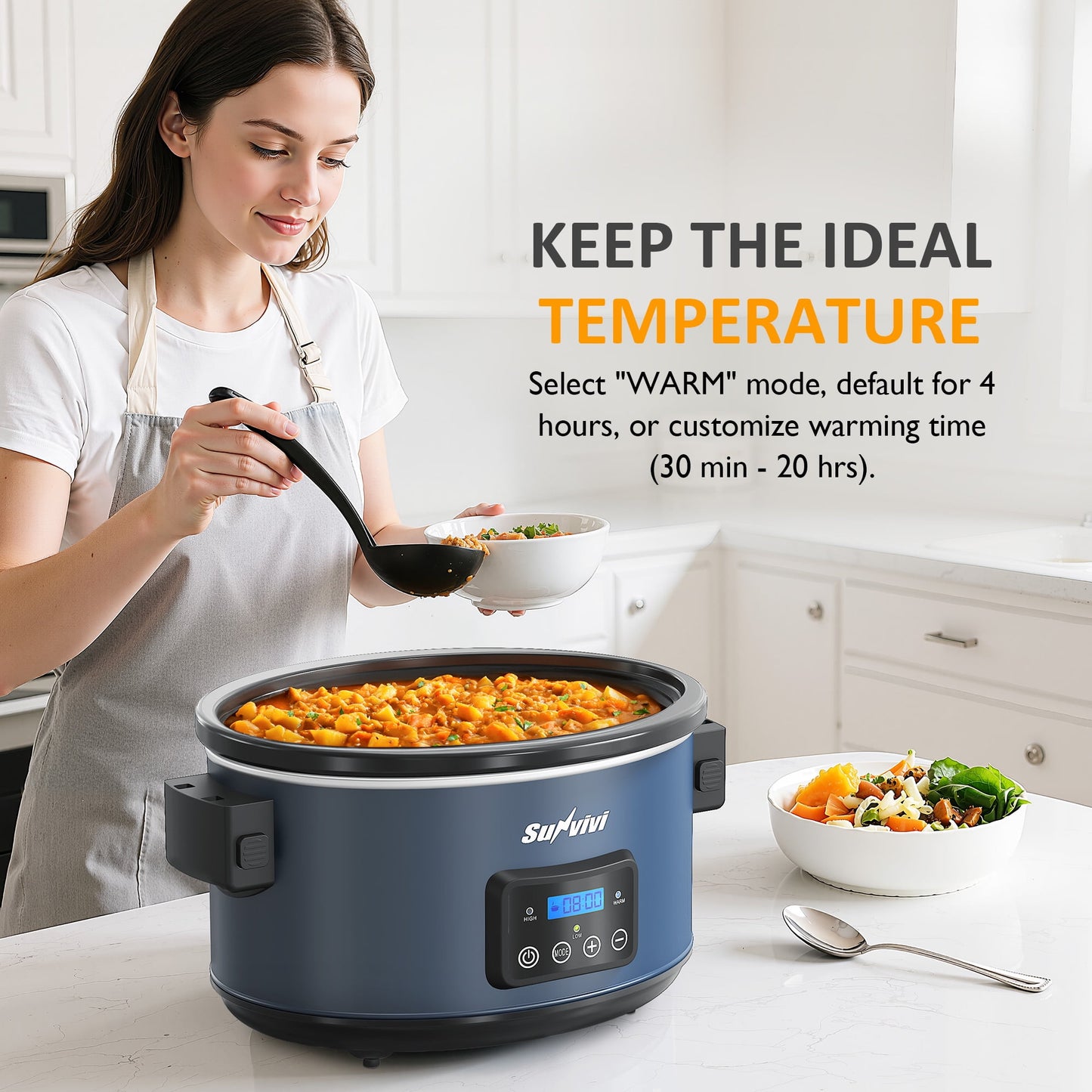 Sunvivi 8.5 Quart Programmable Slow Cooker with Locking Lid, Digital Timer, Dishwasher Safe, Blue
