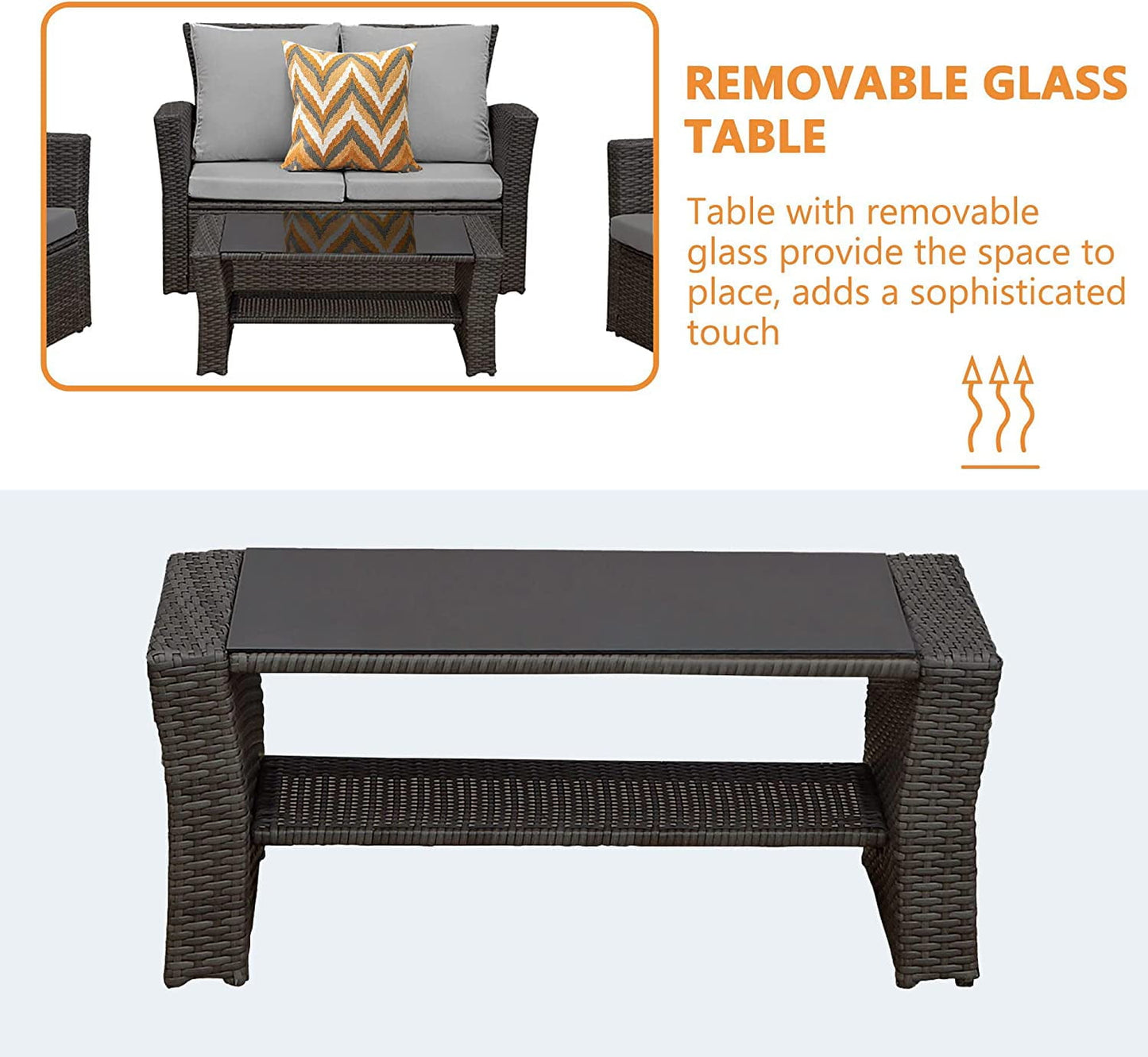 Superjoe 4 Piece Outdoor Patio Furniture Set Rattan Sectional Conversation Set, 4 Cushioned Seats, Gray, 4