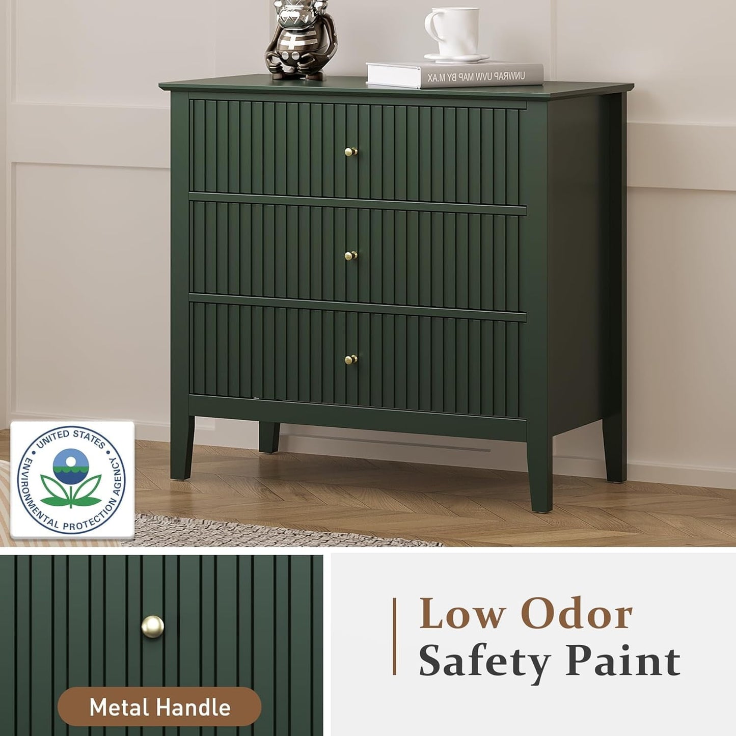 32" Green Fluted Dresser Nightstand, Wide Modern 3 Drawer Wooden Chest, Large Painted Storage Cabinet, for Bedroom, Closet, Hallway, Entryway