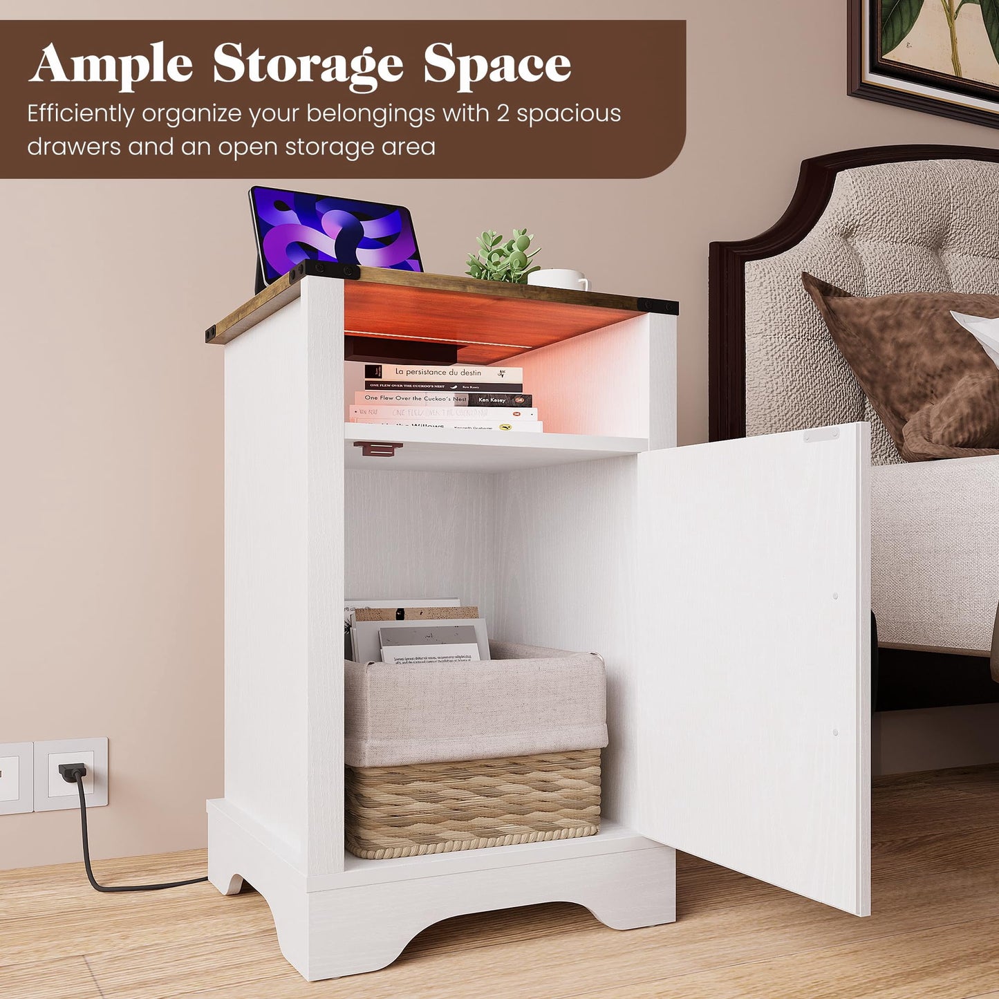 Superjoe LED Nightstand Set of 2 with Charging Station, Bedside Table with Storage Cabinet and Shelf, Rustic End Table, Farmhouse Wooden Side Table, for Bedroom, Living Room, White and Rustic Oak