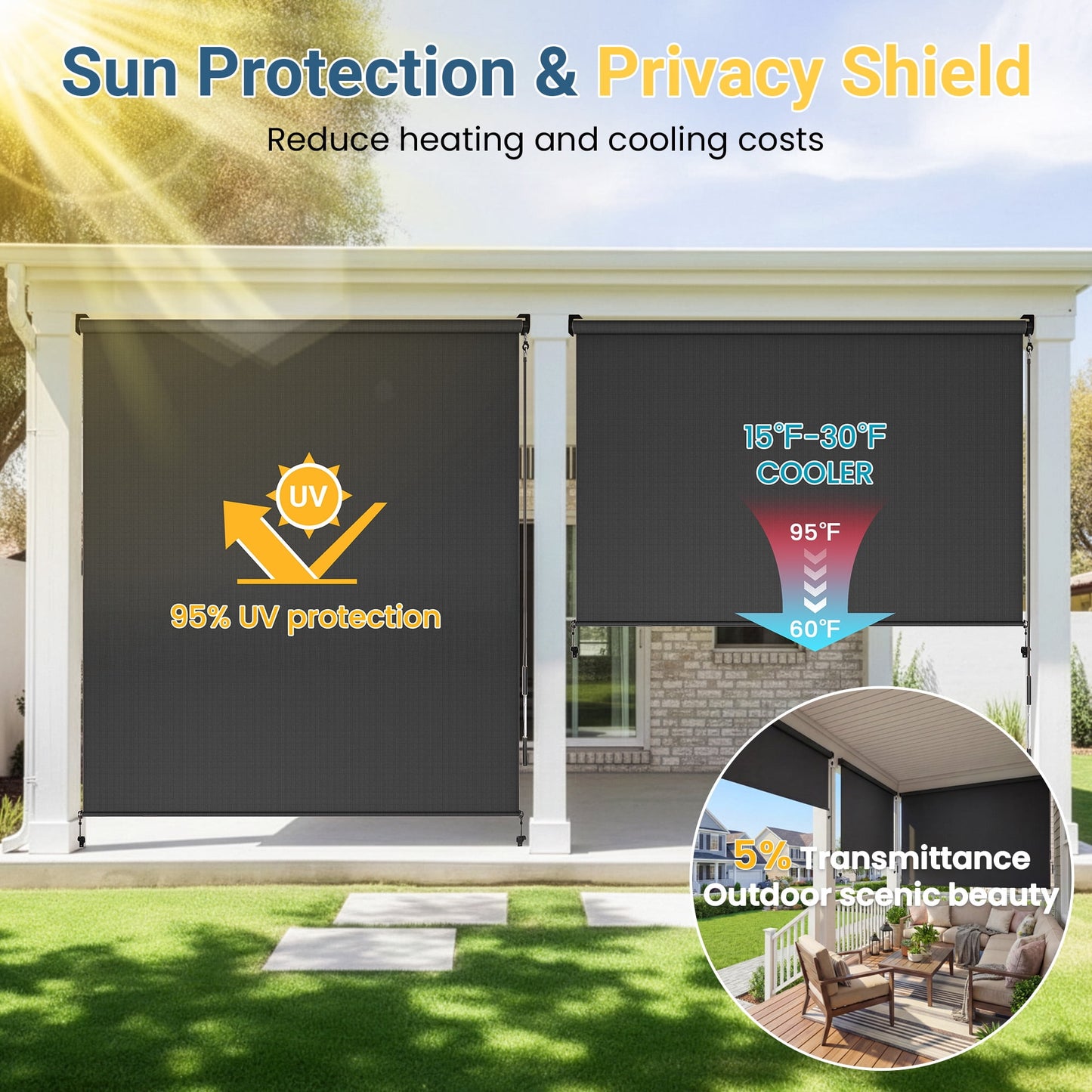 CozyHome Outdoor Roller Shade 6' x 8', Cordless Patio Shade with Crank Handle, 95% UV Protection, Aluminum Privacy Sun Shade for Patio, Black