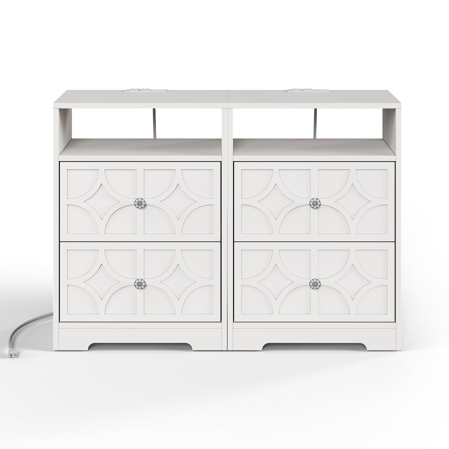 Heynemo Modern Accent Side Table Set of 2 with 2 Drawers, Gold Knobs, and Diamond Carvings, Large Night Stand for Living Room, Bedroom, Entryway, White