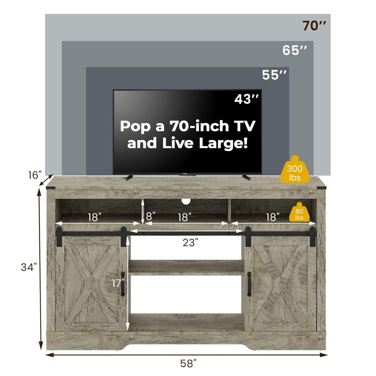 May in Color TV Stand Farmhouse 34 Inch Tall for 65 Inch TV with Sliding Bar Door, Light Grey