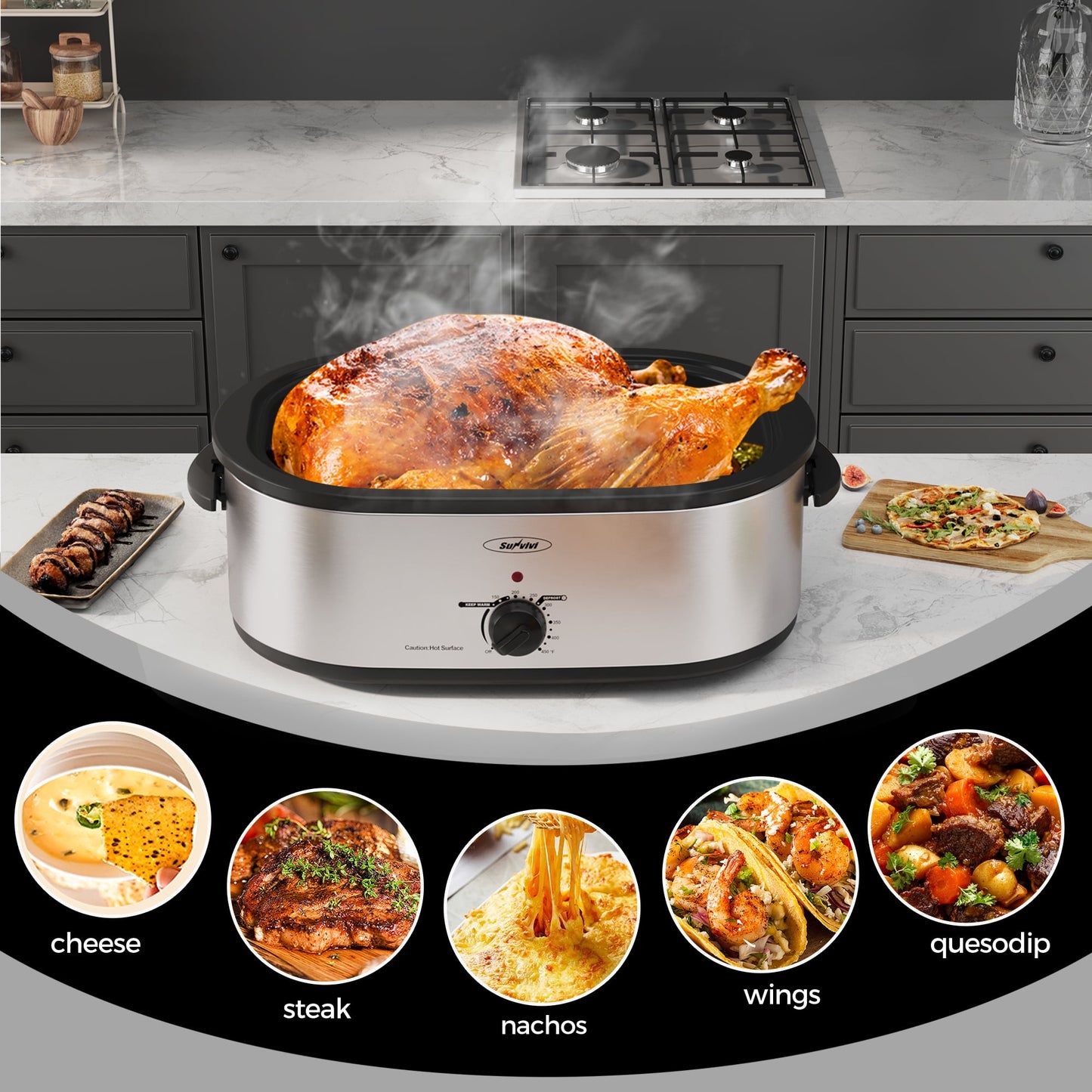 Sunvivi Roaster Oven with Self-Basting Lid, 20qt Electric Roaster with Removable Pan & Rack, Turkey Roaster Oven with Defrost & Warm Function, Stainless Steel, Silver