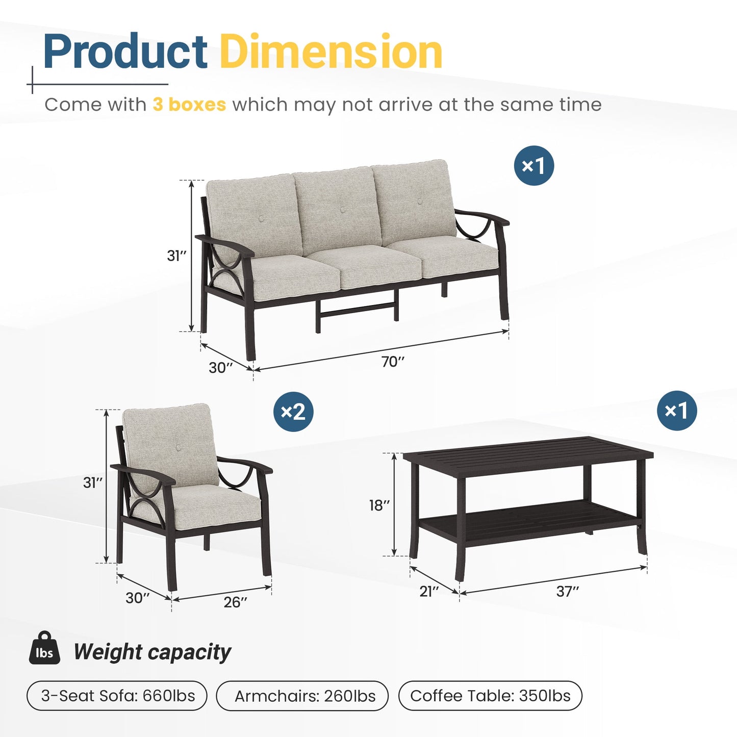 Heynemo 5-Seater Outdoor Patio Furniture Set, 4 Piece Patio Conversation Set with Coffee Table, Metal Furniture Set for Porch Backyard Garden, Coffee
