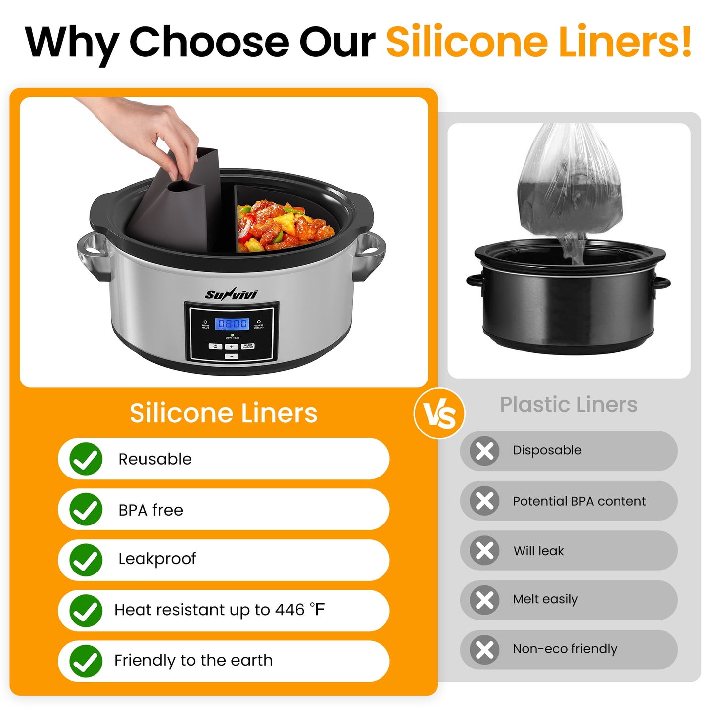 Heynemo 6 Qt Programmable Slow Cooker with 2-in-1 Silicone Liners and Digital Timer - Silver