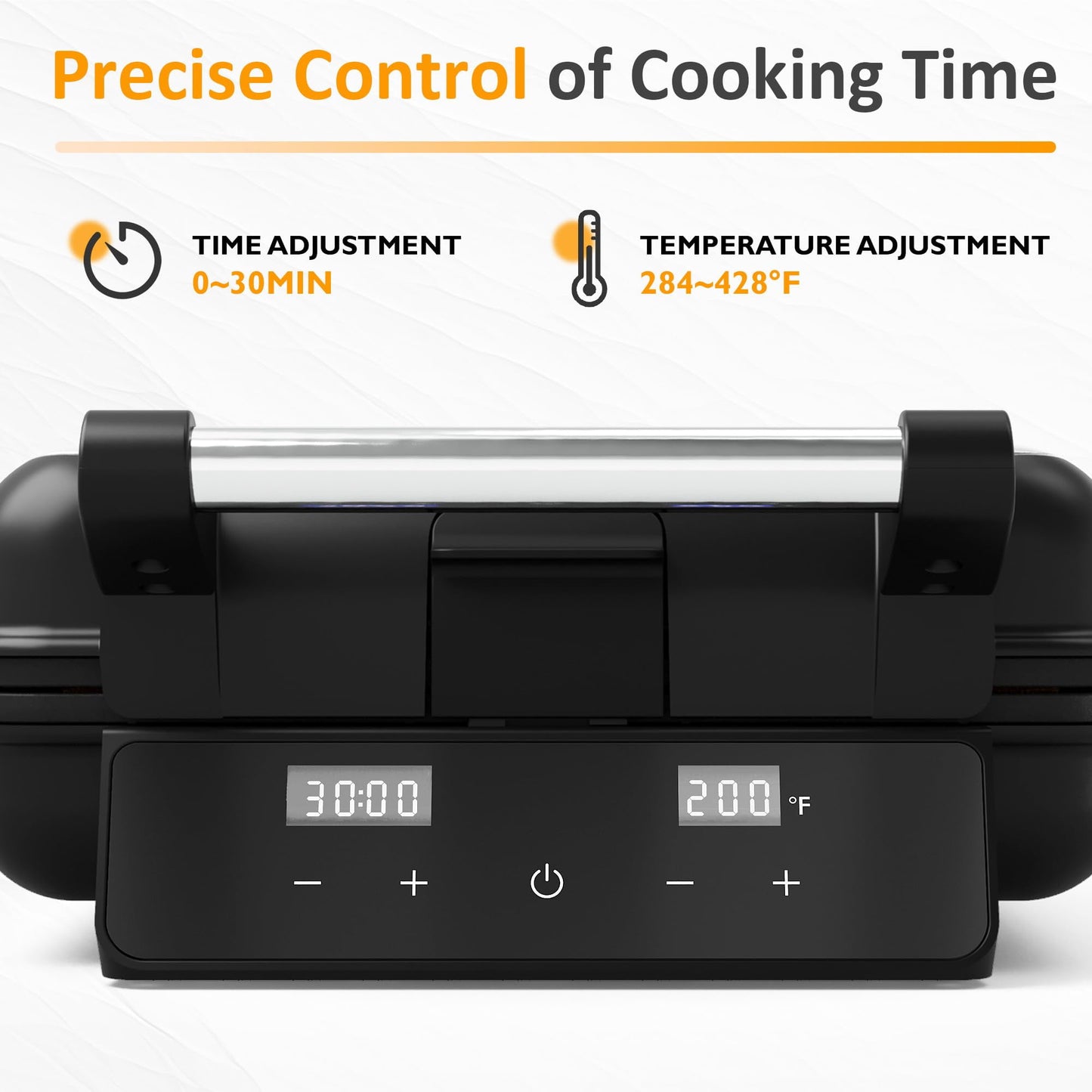 Heynemo 4-Slice Waffle Maker With Nonstick Surface - LCD, Time & Temp Control - Stainless Steel, Silver