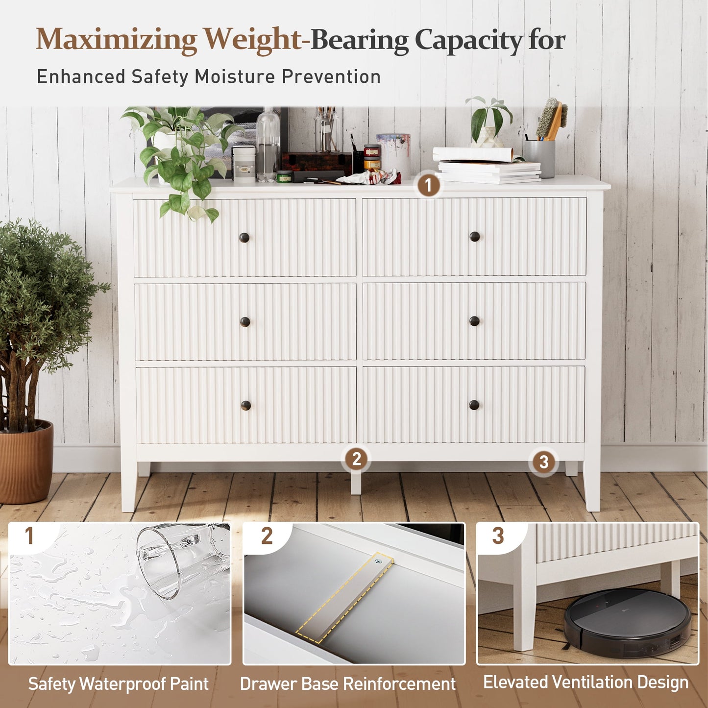 RoyalCraft Revamp 6-Drawer Double Dresser, White Wooden Storage Cabinet for Bedroom