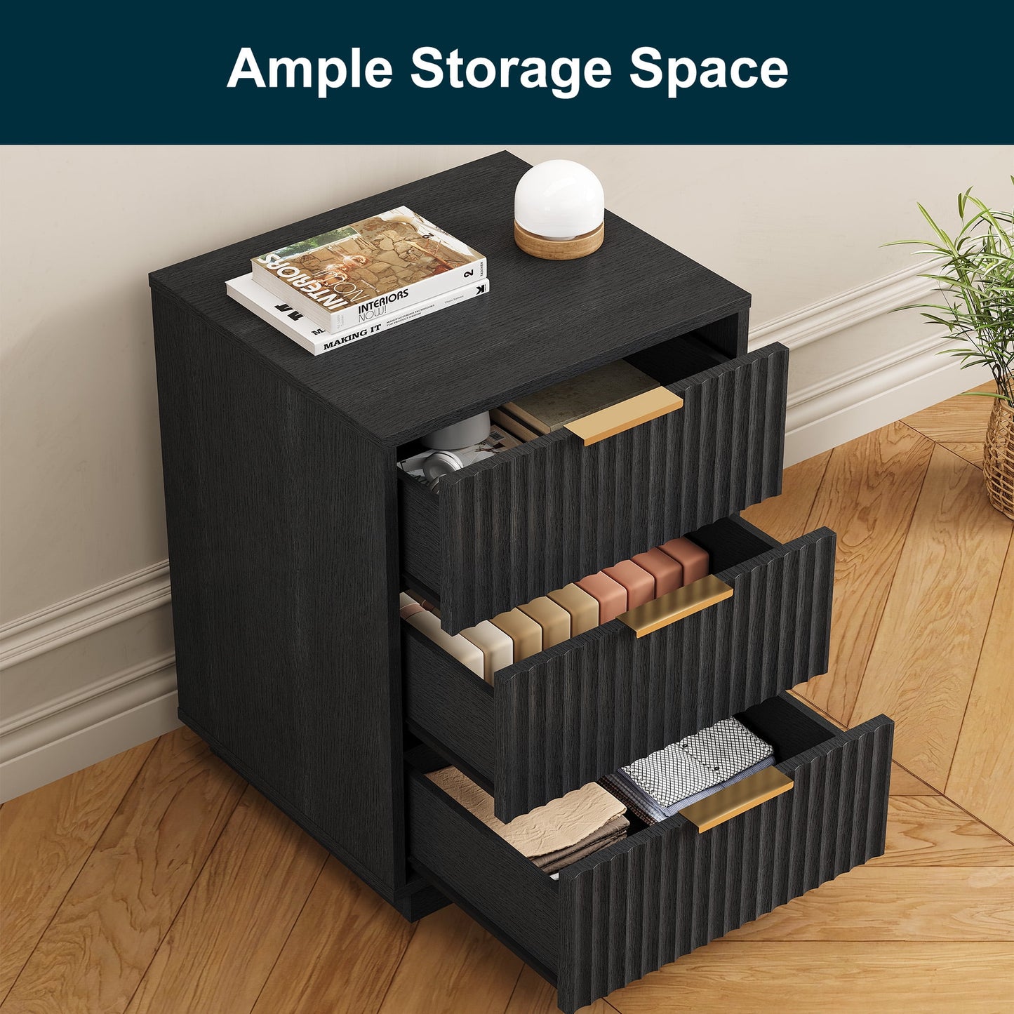 Heynemo Low 3-Drawer Dresser Set of 2, Modern Storage Cabinet with Wavy Drawers for Bedroom, Hallway, or Living Room, Black