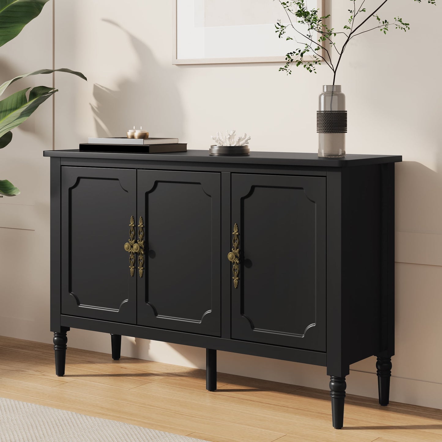 Heynemo 3-Door Storage Cabinet, Sideboard Cabinet with Adjustable Shelves, Ideal for Entryway, Living Room, Dining Room, Black