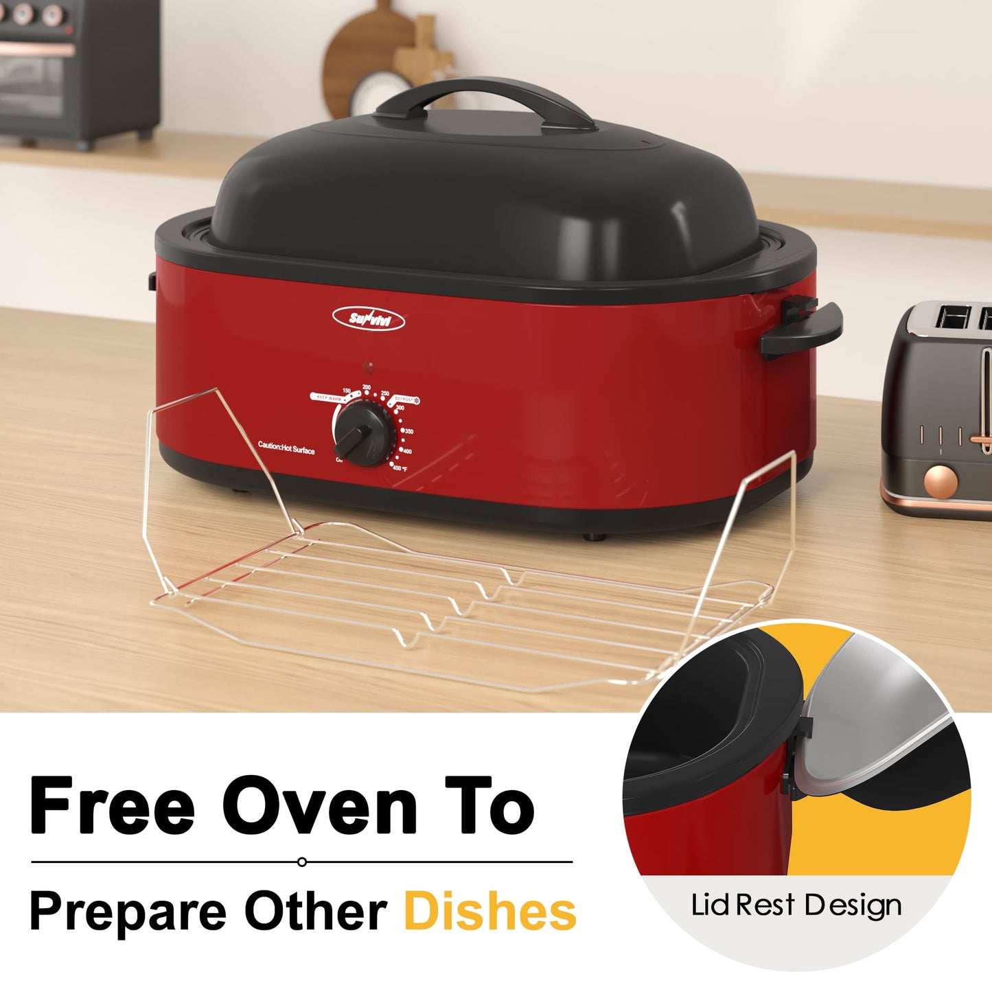 Sunvivi 18QT Roasting Oven with Self-Basting Lid Removable Pan, 150 to 450F Temperature Control Cool-Touch Handles,Red