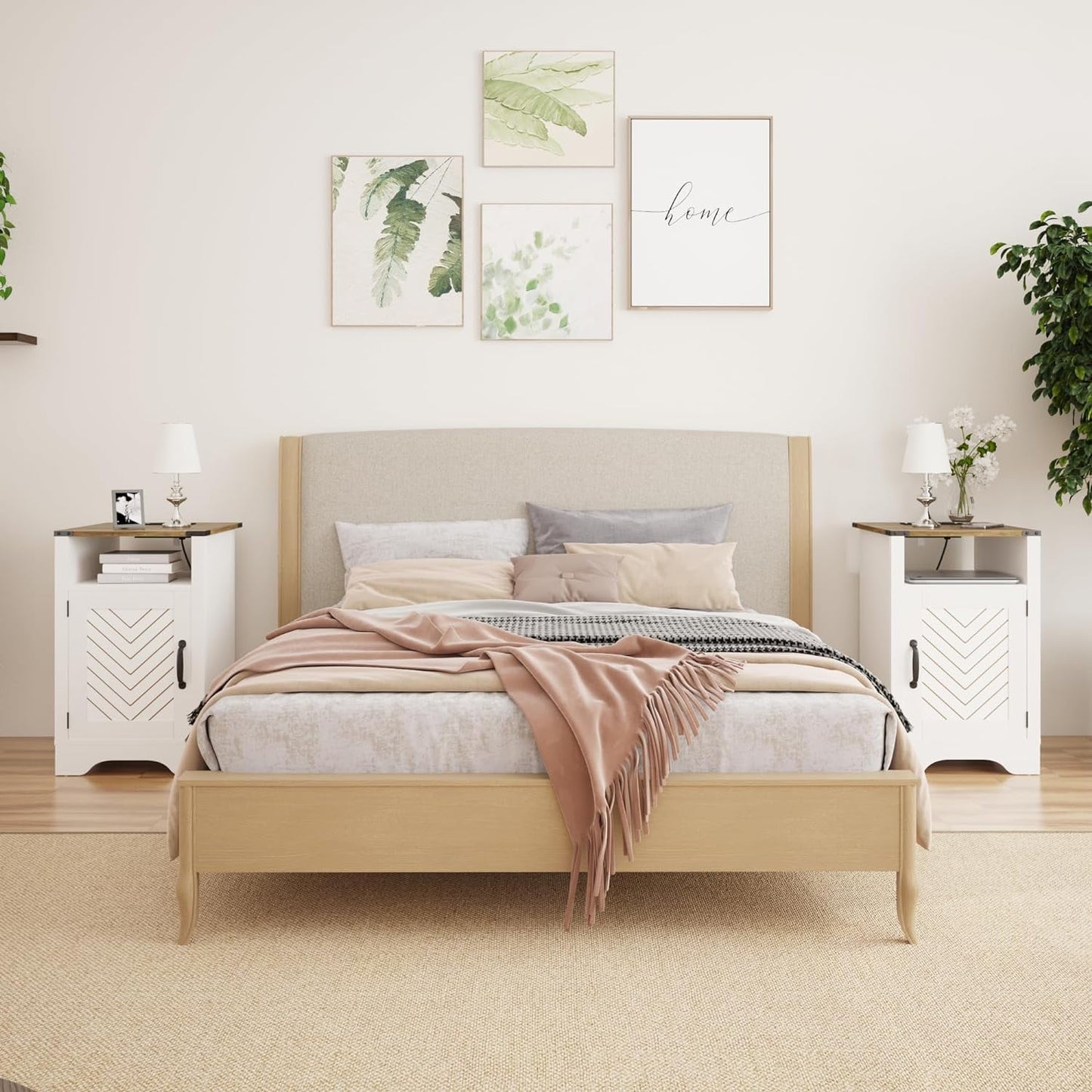 Mayincolor White Nightstand Set of 2 with Charging Station, Tall Farmhouse Bedside Table with Herringbone Design, Wooden Rustic End Table with Large Storage Cabinets and Shelf for Bedroom