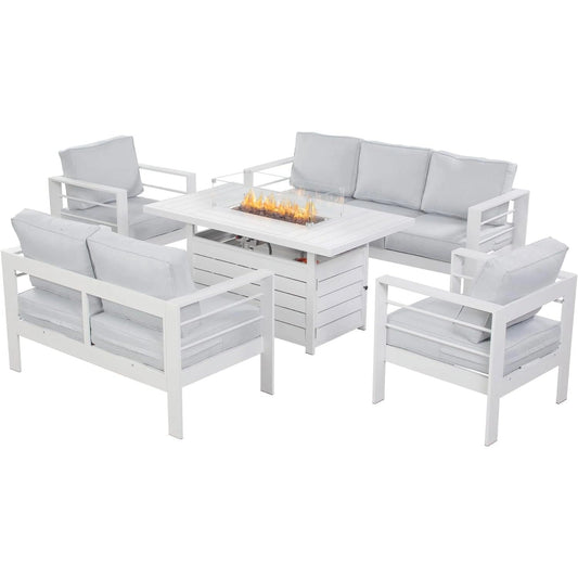 Heynemo Superjoe Outdoor Furniture Set w/CSA Certified 54in Propane Gas Fire Pit Table, 7 Seats Aluminum Patio Conversation Sofa with 5in Olefin Cover Cushions, White