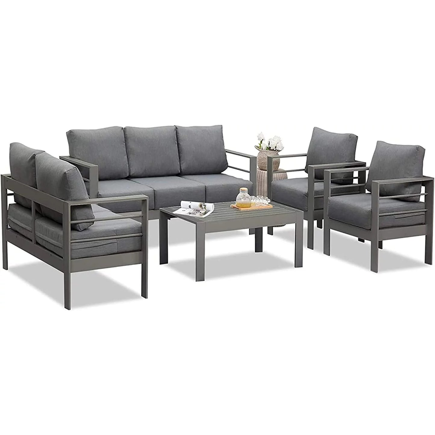 Superjoe Outdoor 3 Seats Patio Aluminum Sofa Furniture, Couch Gray Metal Chair with Cushions, Dark Grey