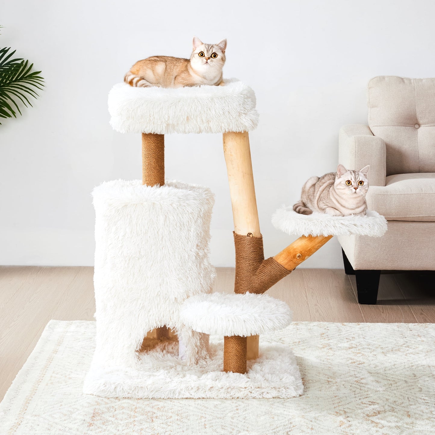 Heynemo 35-Inch Cozy Cat Tower with Scratch Posts, Two Cat Hideouts, Soft Pads, and Washable Cushion Cover,White