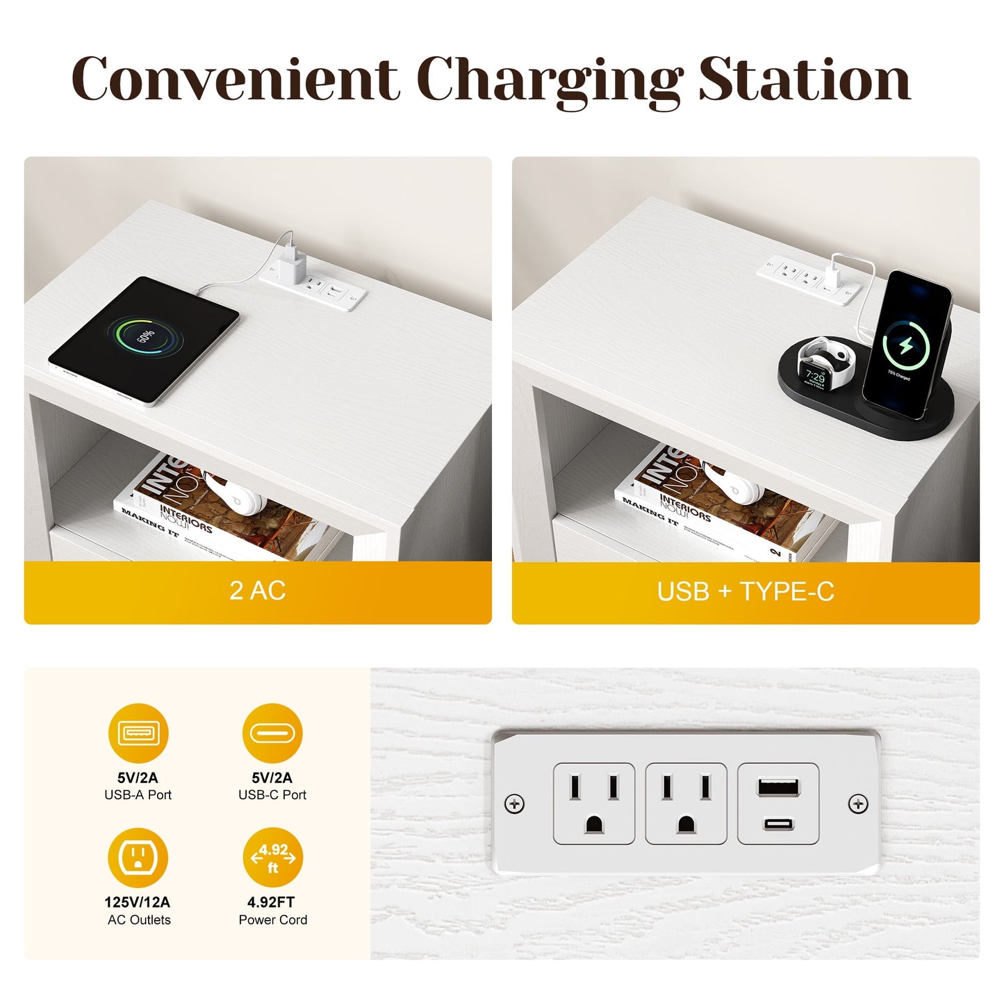 Heynemo Smart Nightstand Duo: Charging Bedside Tables with Big Storage Drawer, Dual USB-C Hub, Multi-Functional Cabinet for Bedroom, Set of 2, White