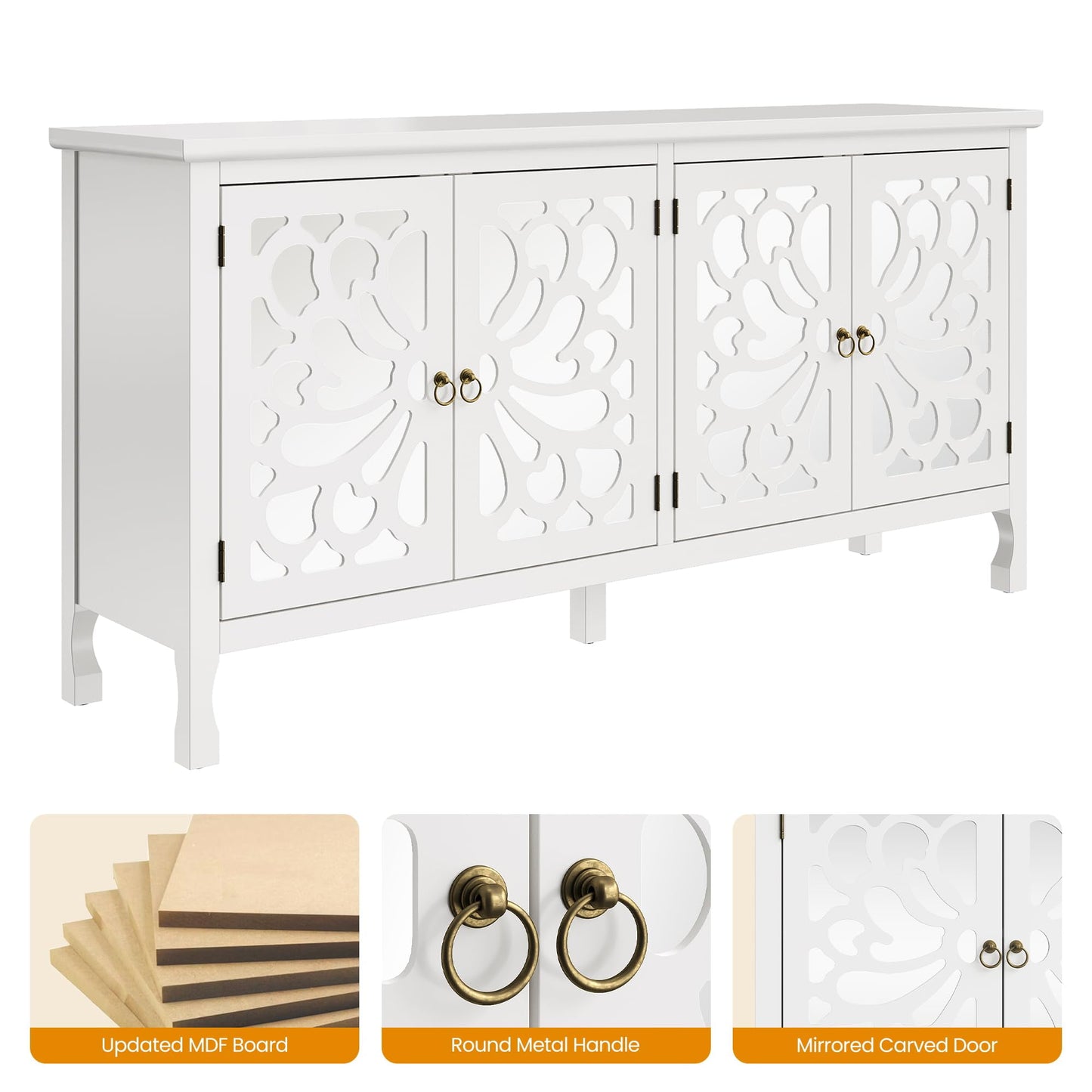 Heynemo Carved Sideboard Cabinet with Storage, 63'' Modern Buffet Cabinet with Mirrored Door and Adjustable Shelves, Accent Cabinet for Entryway, Dining Room, Living Room, White