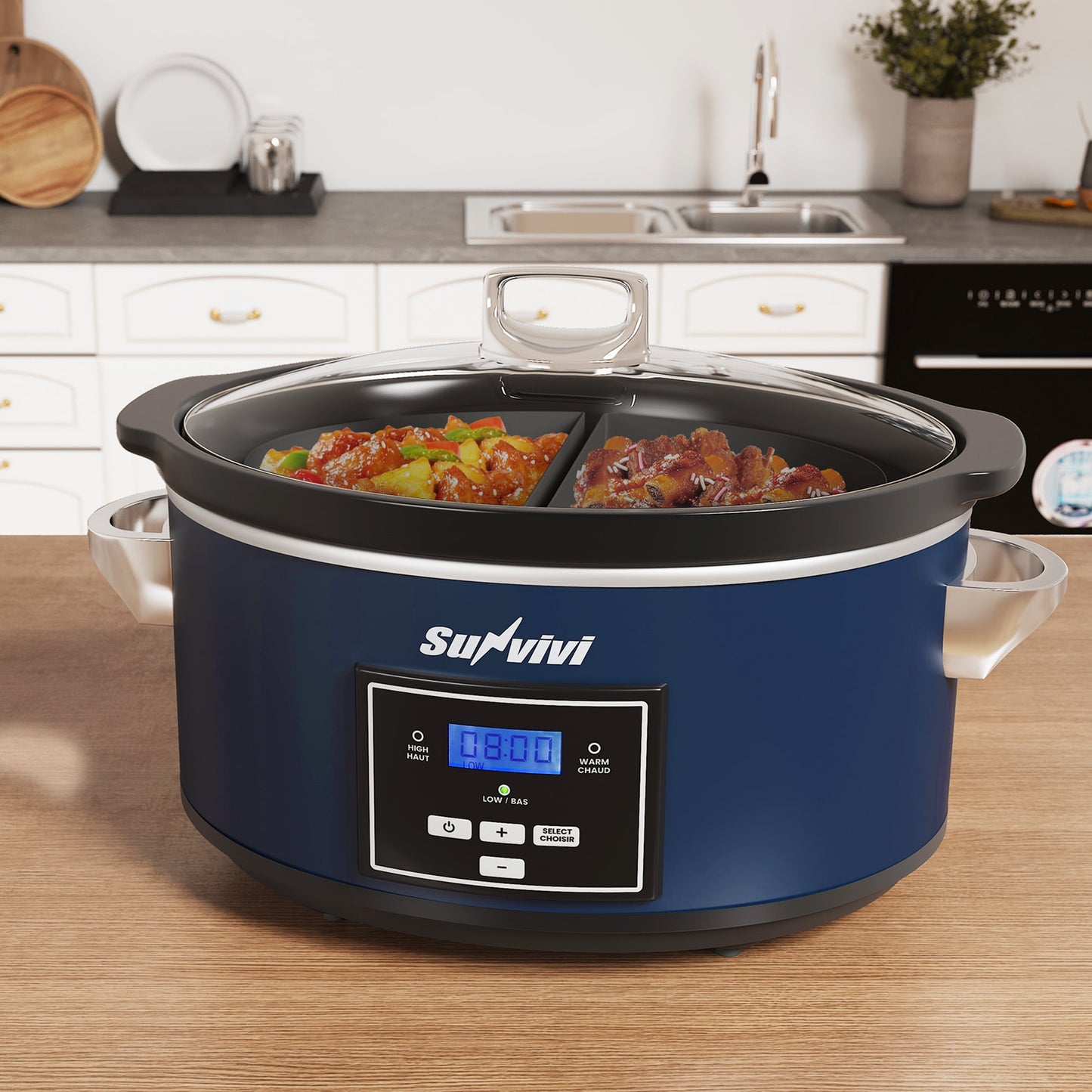 Heynemo 6 Qt Programmable Slow Cooker with 2-in-1 Silicone Liners and Digital Timer, Blue
