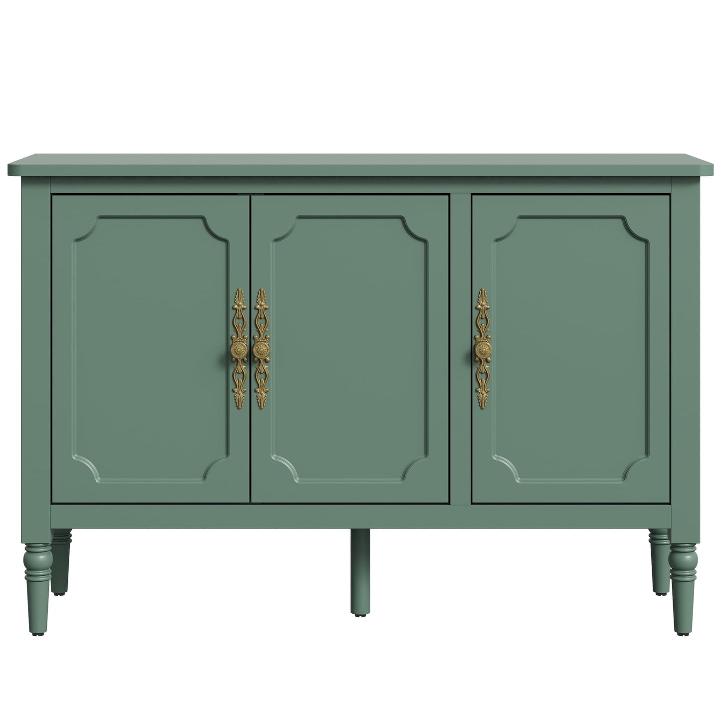 Heynemo 3-Door Storage Cabinet with Adjustable Shelves, Accent Sideboard Cabinet with Turned Legs, Wood Pantry Cabinet, Mid-Century Buffet Cabinet for Entryway, Living Room, Dining Room, Green