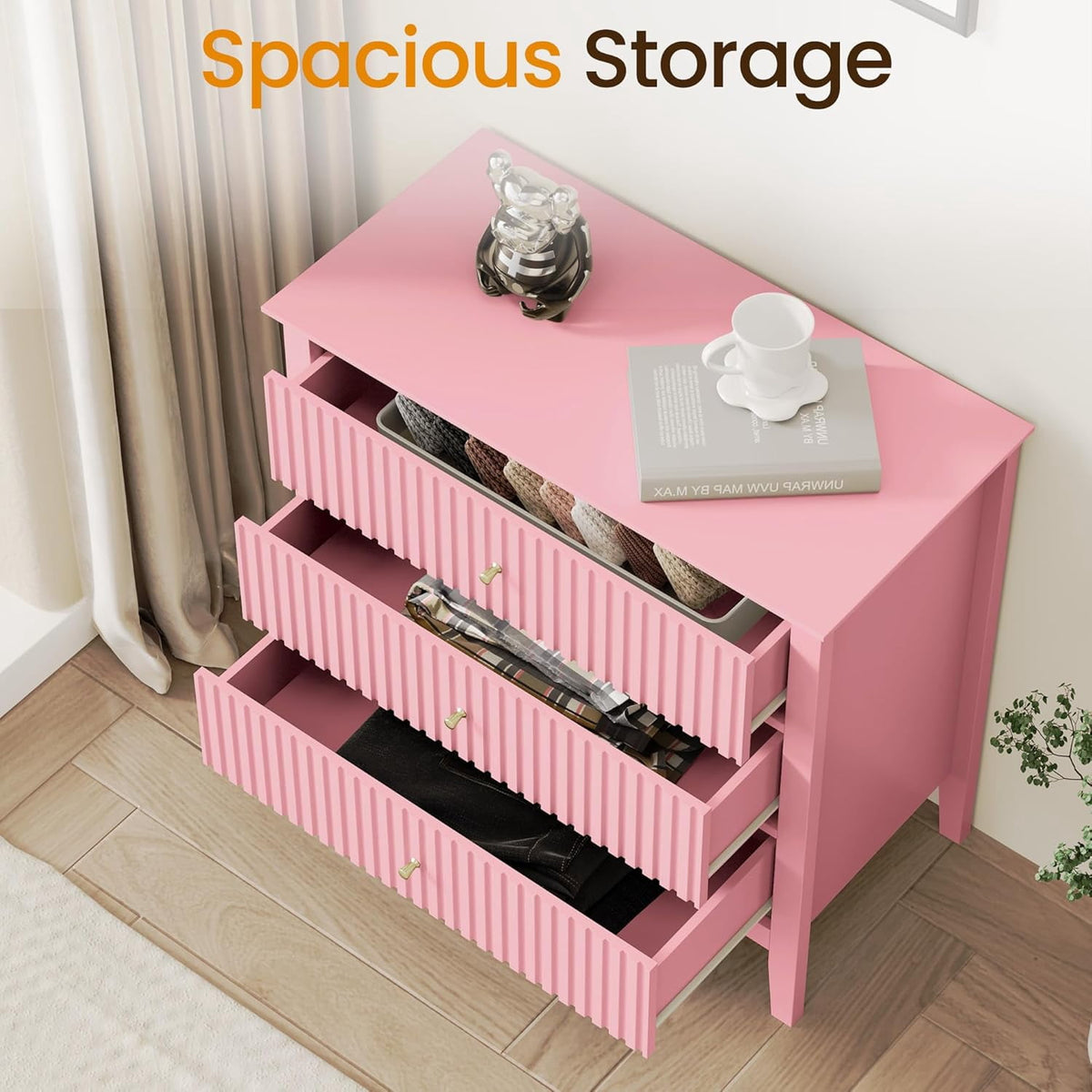 May in Color Pink Fluted Nightstand with 3 Drawers, Modern Bedroom End Table, Wood Bedside Table
