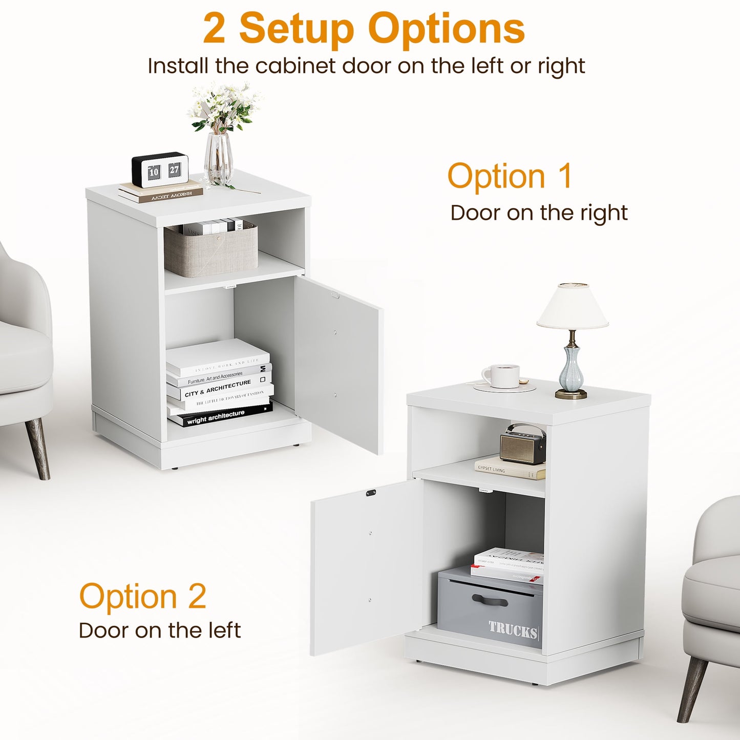 Heynemo white Nightstand with Storage Shelf & Door, Faux Drawer Design End Table, Compact Side Table for Bedrooms, Dorm Rooms & Small Spaces, Set of 2
