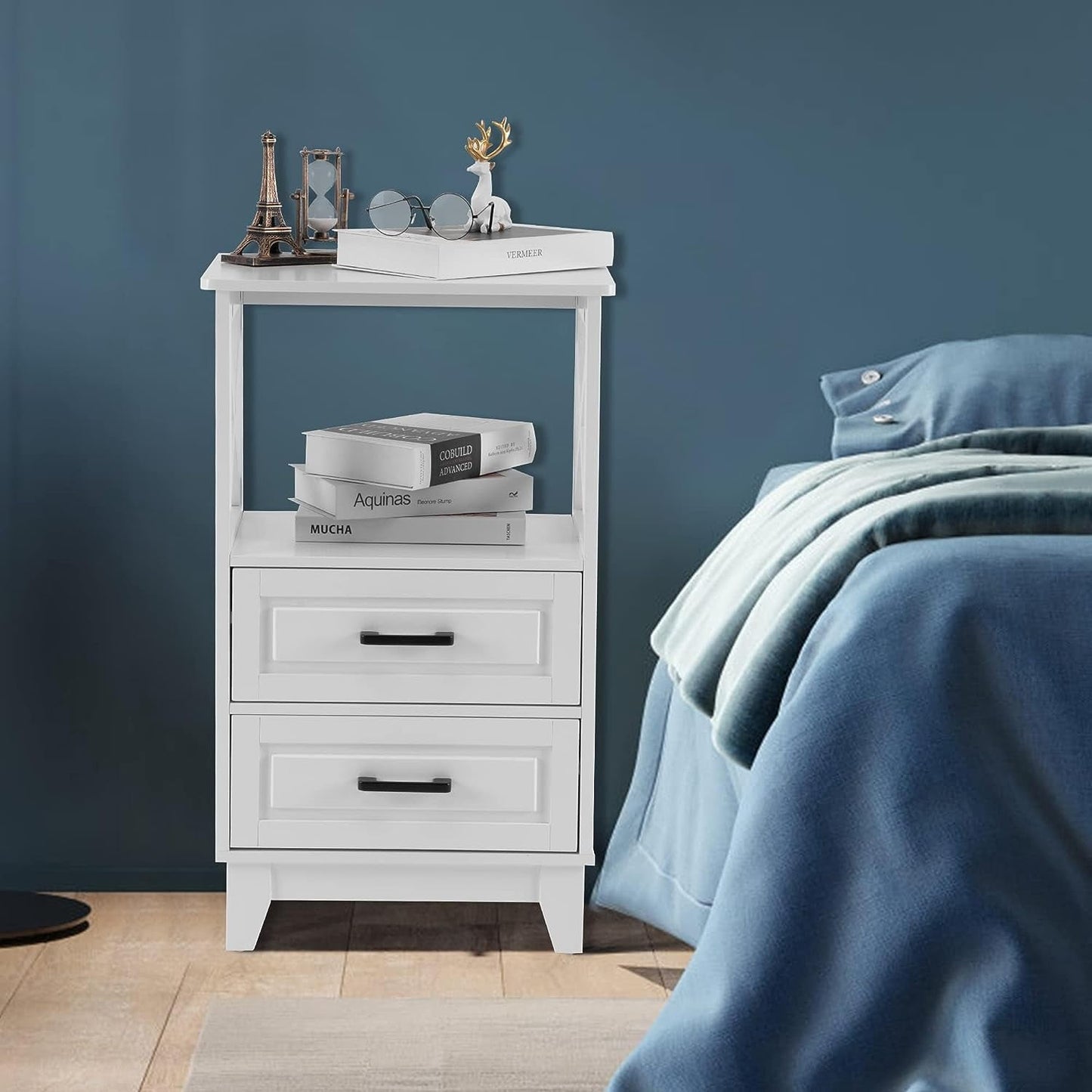RoyalCraft White Nightstand Set of 2, Wood X-Design Tall Nightstand with 2 Drawers, Modern Side Tables with Storage, Bedside End Tables for Bedroom, Living Room