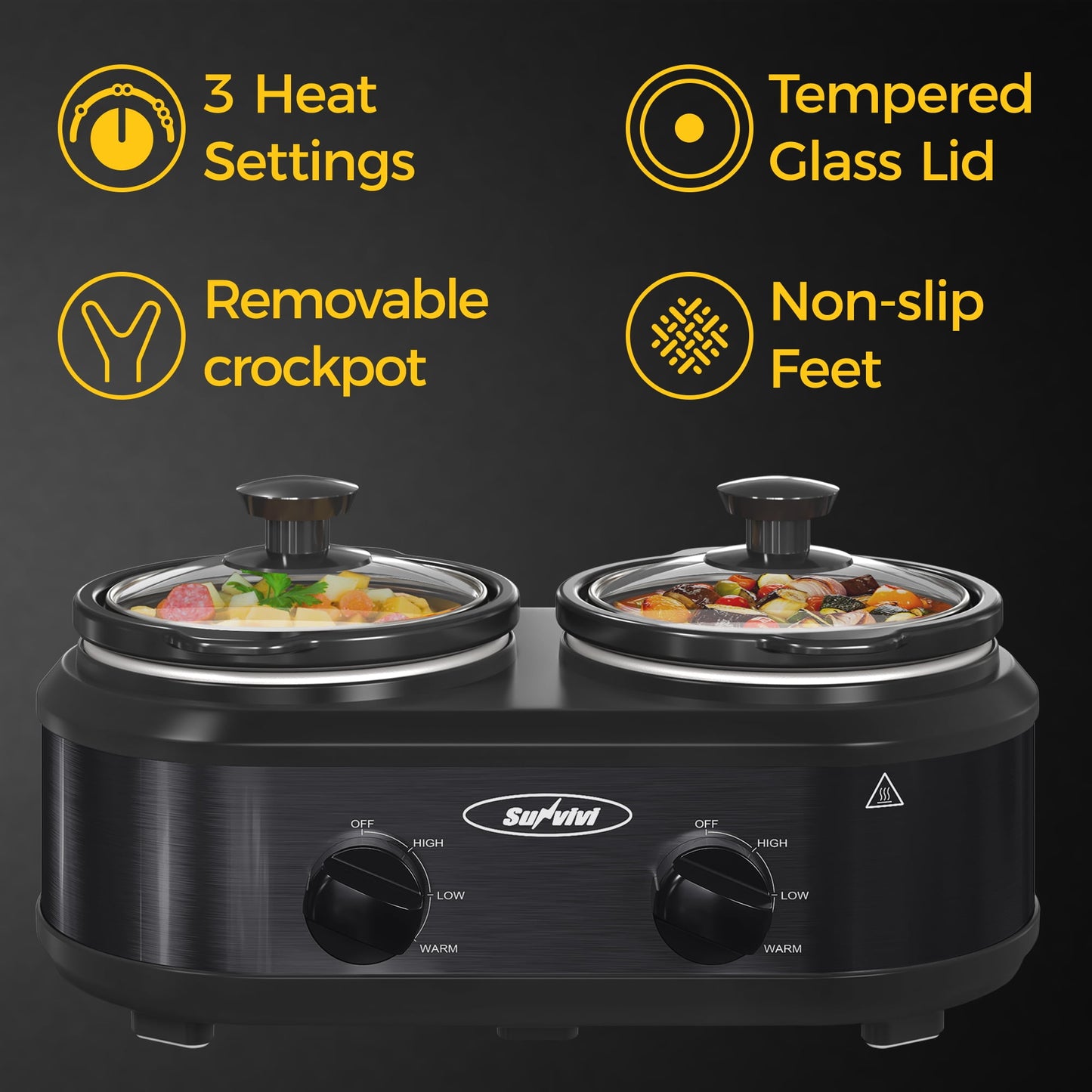 Sunvivi Small Double Slow Cooker, 2 Pot 1.25 Quart Oval Crock Food Warmer Buffet Server, Stainless Steel, Black
