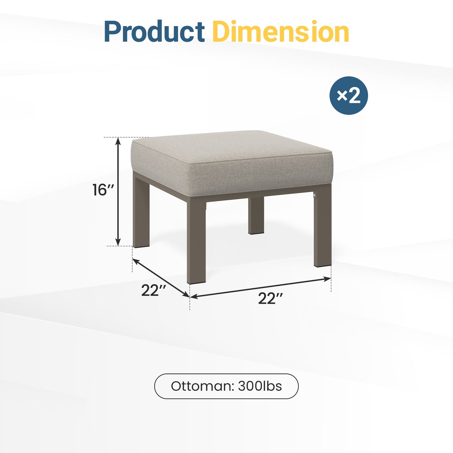 Heynemo Patio Metal Ottomans Footstools Set of 2, Outdoor Footrest Set with Removable Cushions for Couch, Beige Gray