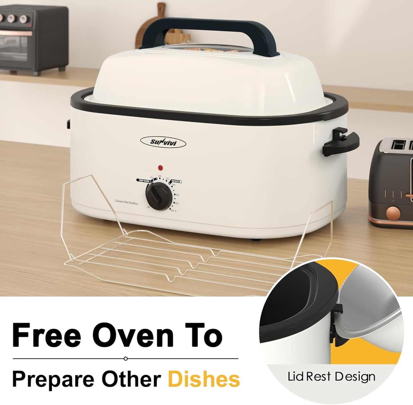 Superjoe 22 Quart Electric Roaster Oven with Self-Basting Lid, Turkey Roaster Oven Buffet with Removable Pan, Cool-Touch Handles, White