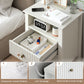 RoyalCraft Fluted Nightstand Set of 2 with Charging Station, White End Table with 2 Silent Slide Drawers & Storage Shelf, Modern Side Table, Wood Night Stand Cabinet for Living Room, Bedroom