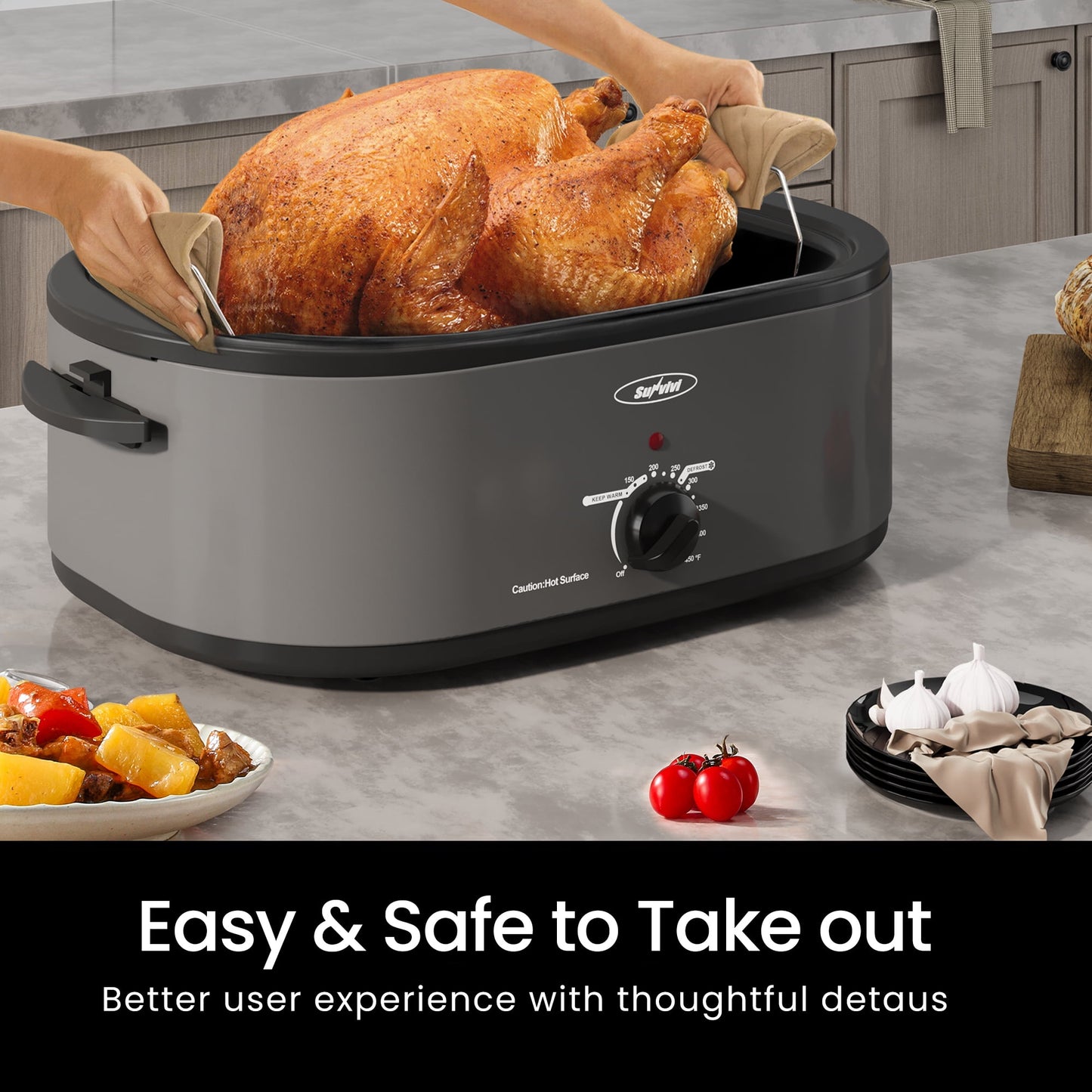 Sunvivi Roaster Oven with Self-Basting Lid, 20qt Electric Roaster with Removable Pan & Rack, Turkey Roaster Oven with Defrost & Warm Function, Stainless Steel, Grey