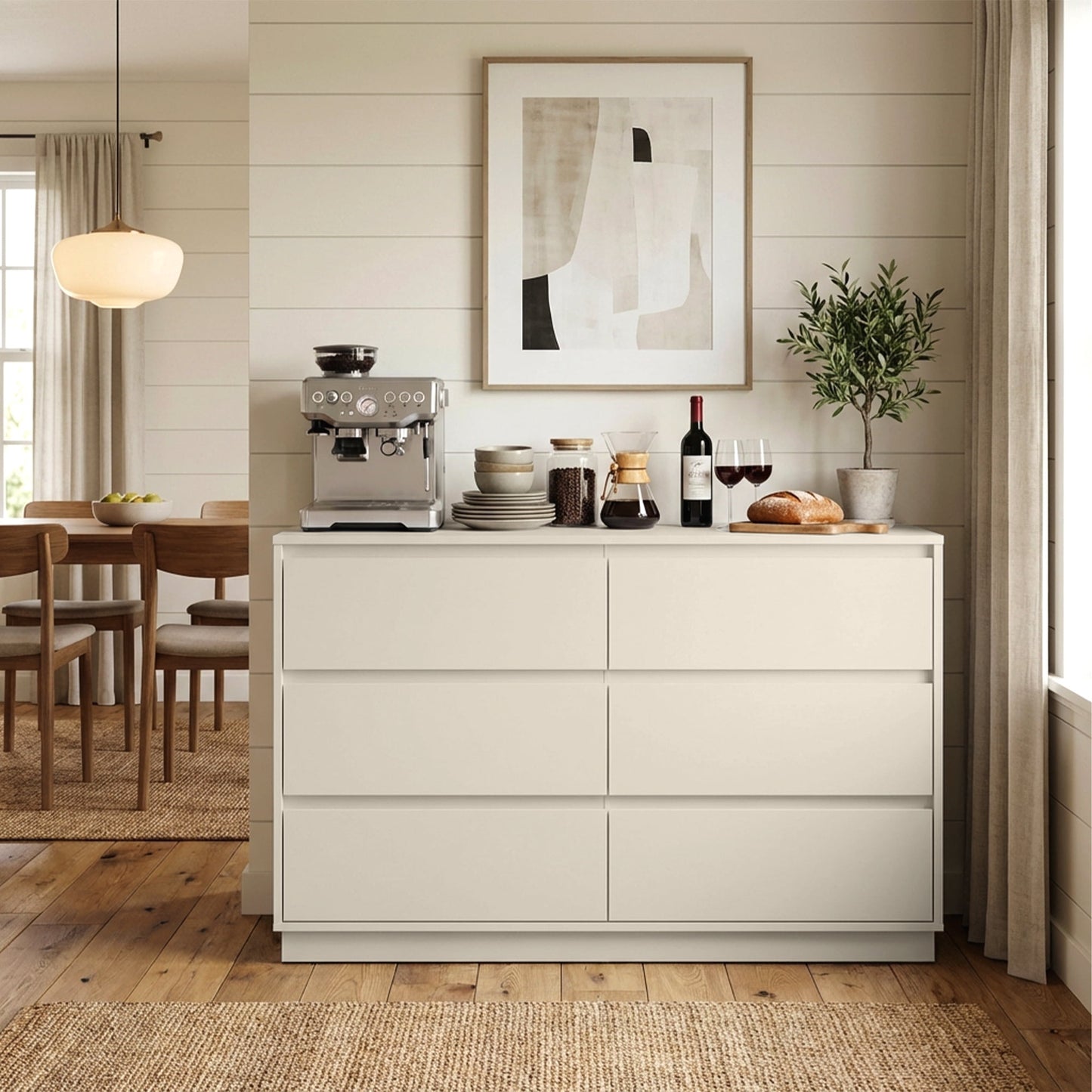 May in Color 6 Drawer Dresser with Charging Station for Bedroom, Beige