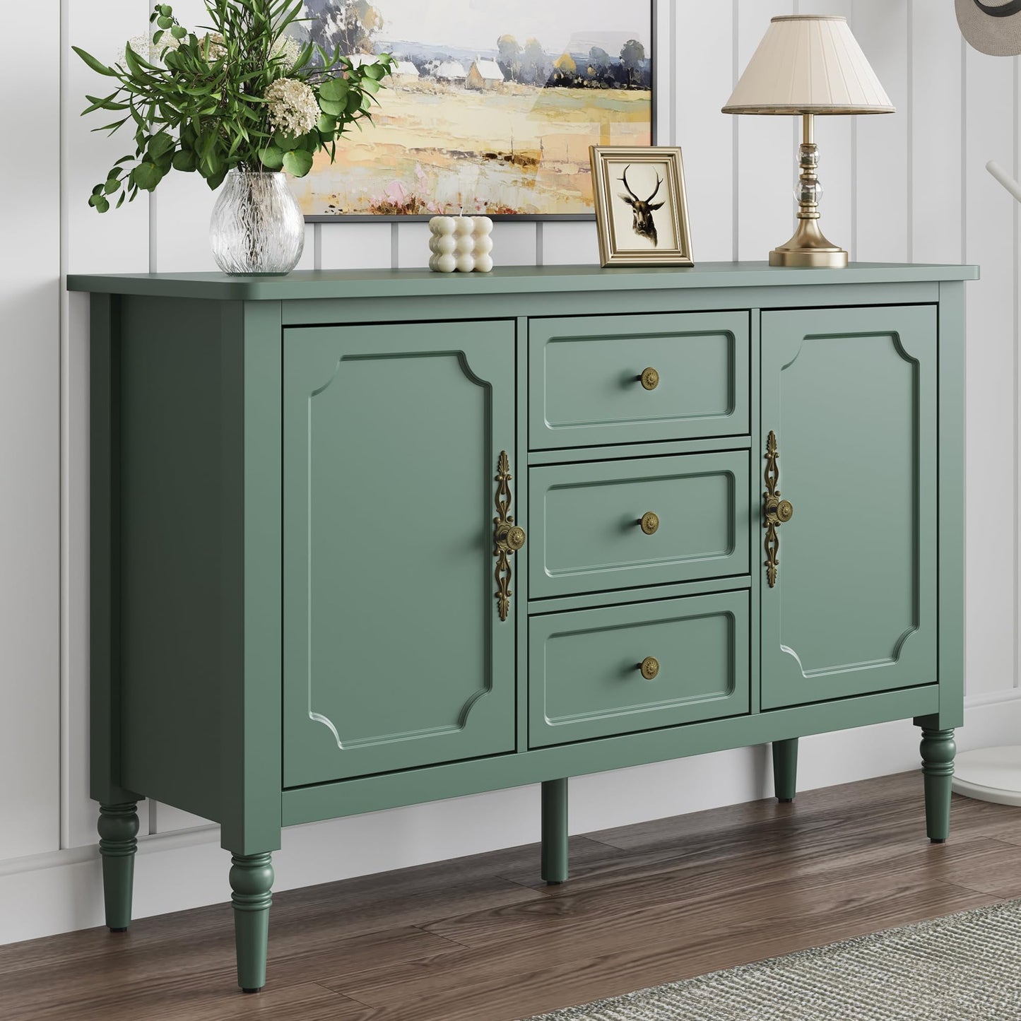 Heynemo Storage Cabinet with 2 Doors & 3 Drawers, Mid-Century Sideboard Cabinet with Adjustable Shelves, Wood Buffet Cabinet with Turned Legs, Ideal for Entryway, Living Room, Dining Room, Green