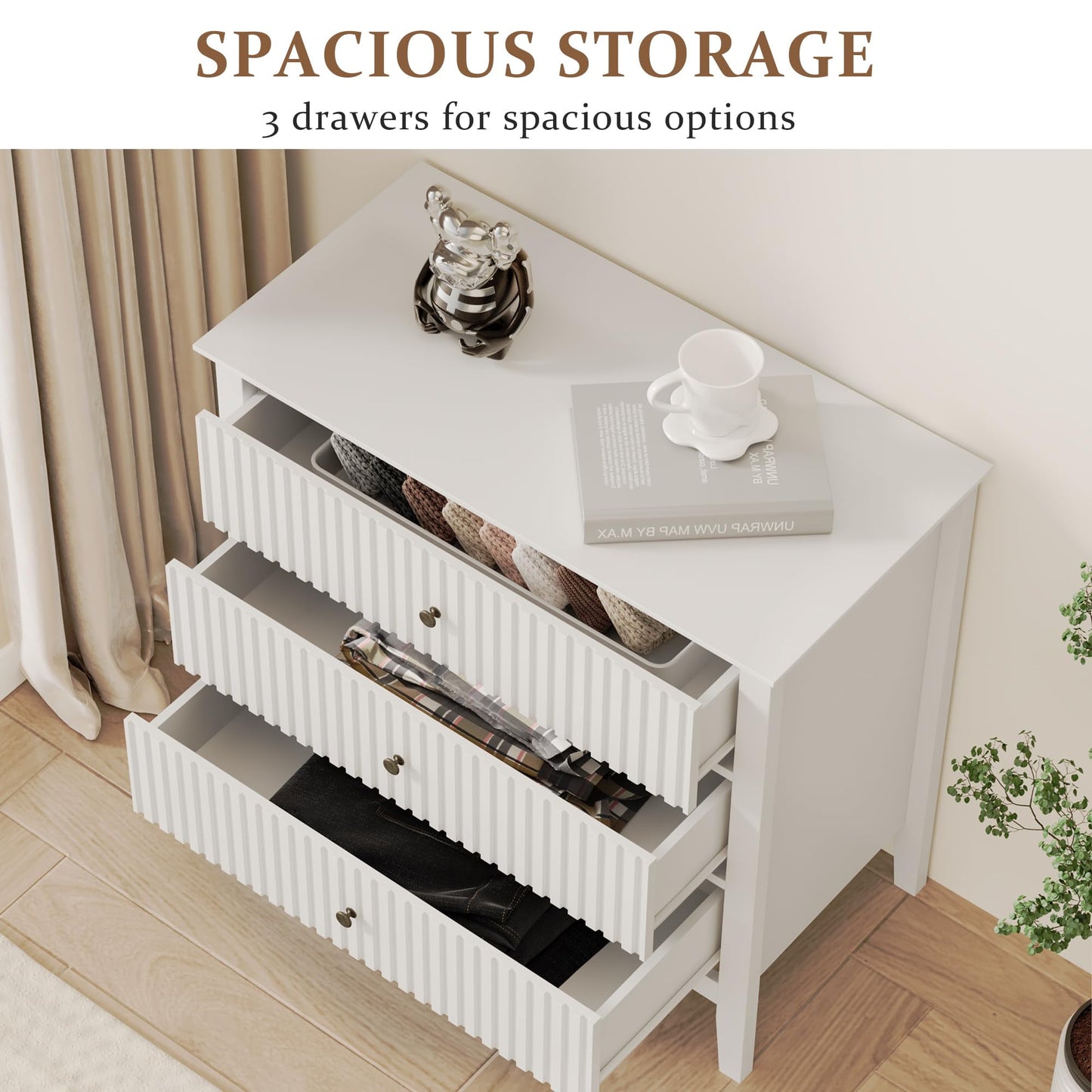 May in Color Large Fluted 3-Drawer Dresser, Wide Chest of Drawers, Modern Wood Dresser with Spacious Storage, White