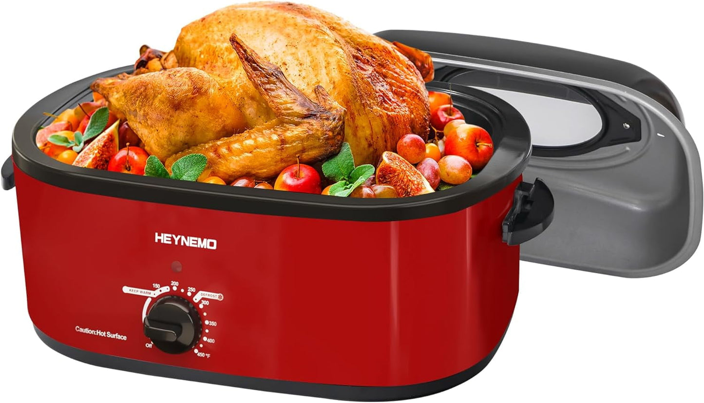 Superjoe 24 Quart Roaster Oven with Self-Basting Lid, Electric Turkey Roaster with Thaw & Warm Function, Adjustable Temperature Roaster With Removable Pan & Rack, Stainless Steel, Red