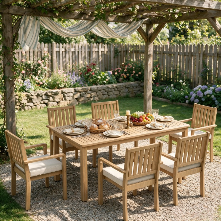 7-Piece Acacia Patio Table and Chairs Set for All-Weather, Outdoor Patio Dining Set with Umbrella Hole and Removable Cushion for 6, Durable Patio Table and Chairs Set for Garden, Heynemo