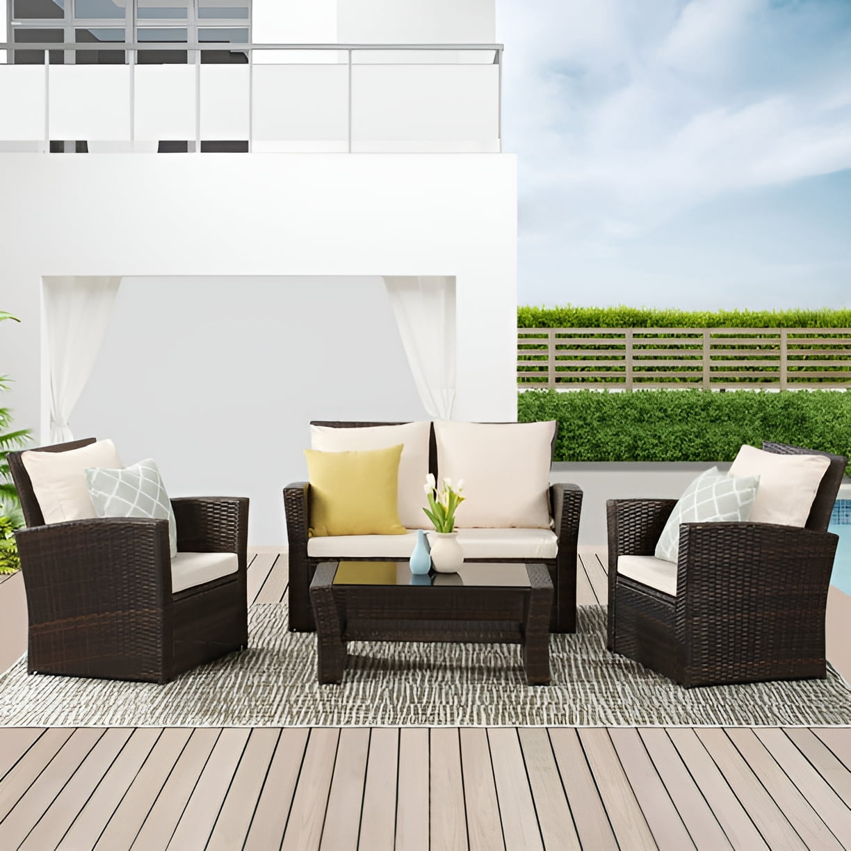 All-Weather Outdoor Patio Furniture Set - 4-Piece Wicker Rattan Sectional Conversation Set with Table and Cushions, Gray