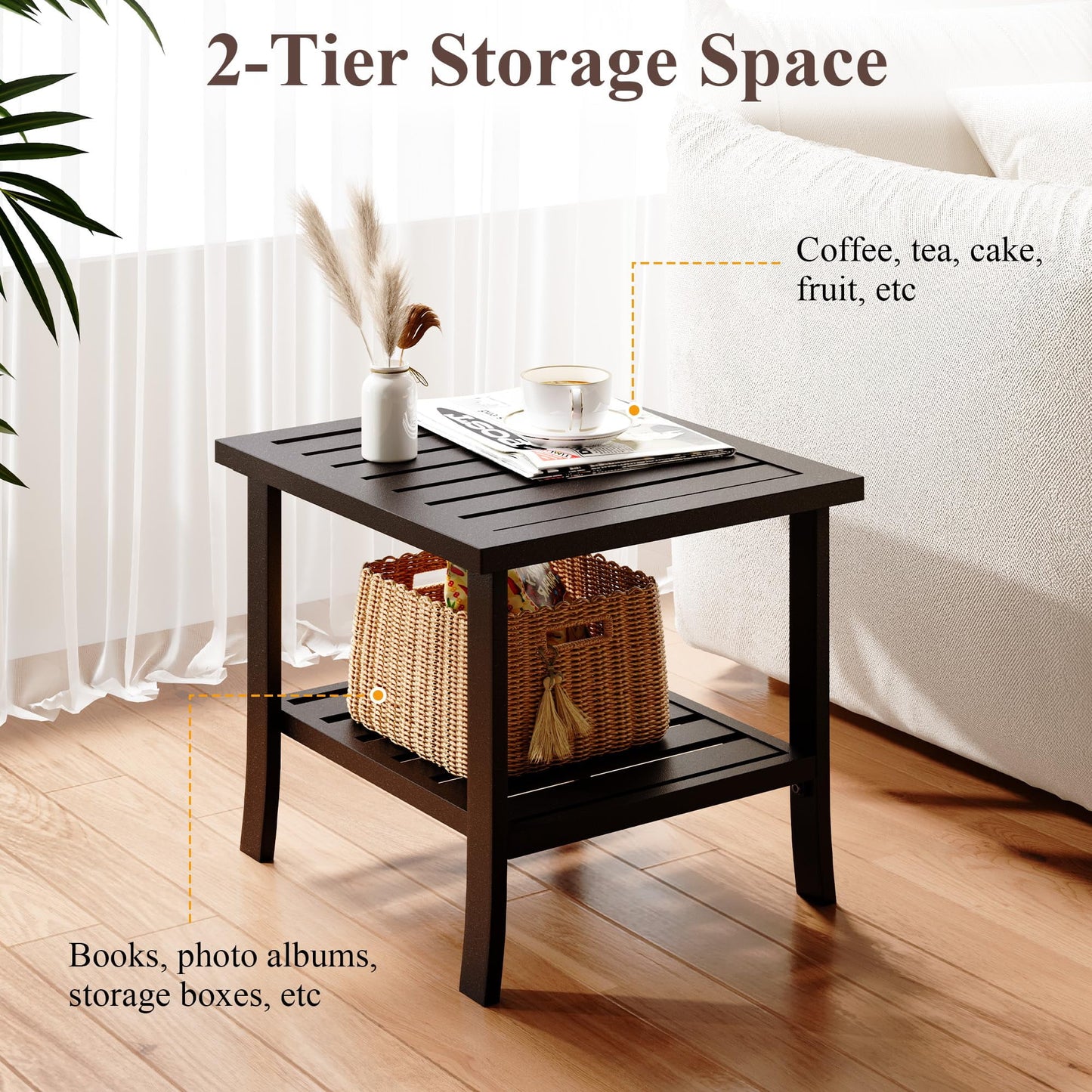 Heynemo 2-Tier Storage Square Patio Side Table, Outdoor Coffee Table, All-Weather Metal Patio End Table for Porch Backyard Garden, Brown