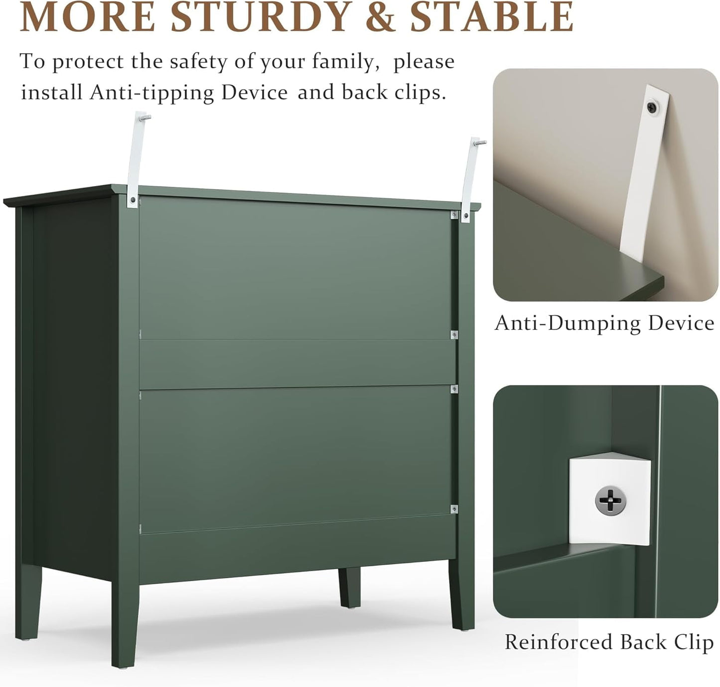 Heynemo Green 30" Dressers Set of 2, Modern 3-Drawer Wood Nightstands with Ball Bearing Slides, Wide Storage Chests for Bedroom, Living Room, Entryway or Office